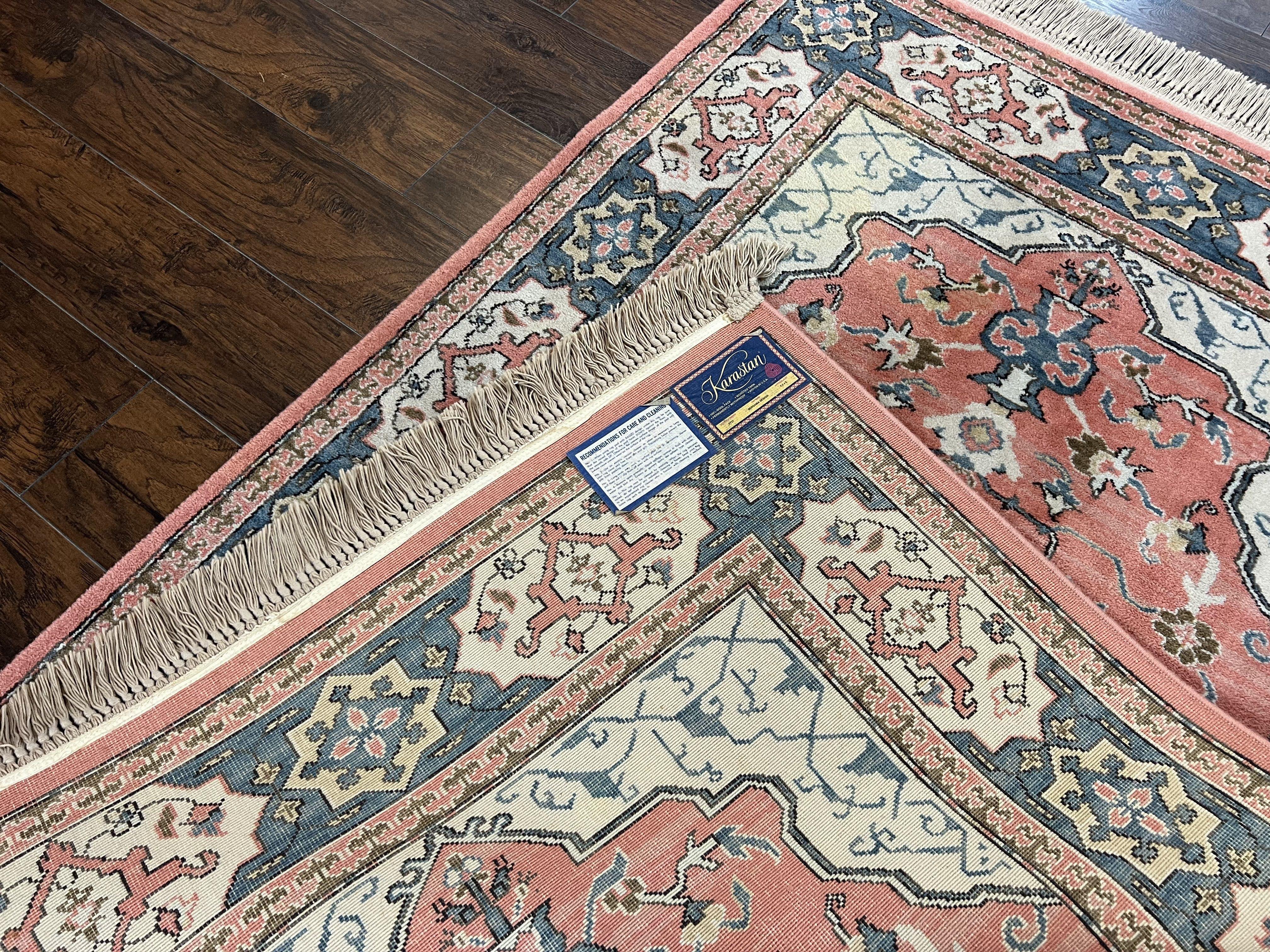 Karastan Rug 4x6 Bergama Design #737, Karastan Area Rug, Vintage Wool Karastan Carpet, Original Collection 700 Series, Salmon Red Light Blue - Jewel Rugs