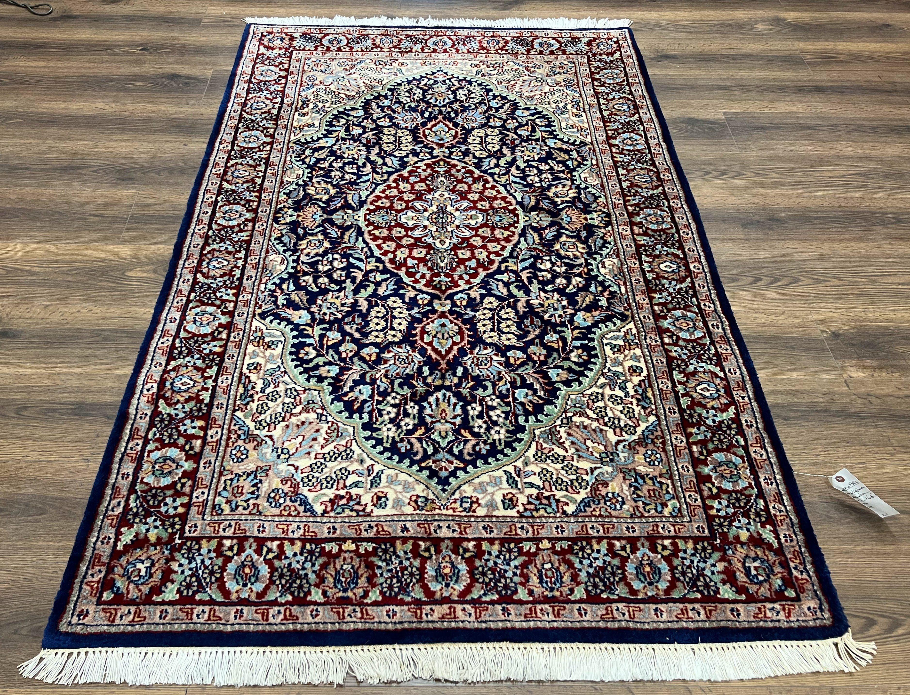 Indo Persian Rug 4 x 6.5, Navy Blue and Ivory/Cream, Hand-Knotted Wool Indian Oriental Carpet, Floral Medallion, Traditional Entryway Rug - Jewel Rugs