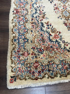 Persian Kirman Rug 4x7, Semi Antique 1950s Wool Oriental Carpet, Cream Light Blue Salmon Pink, Floral Medallion Semi Open Field Hand Knotted - Jewel Rugs