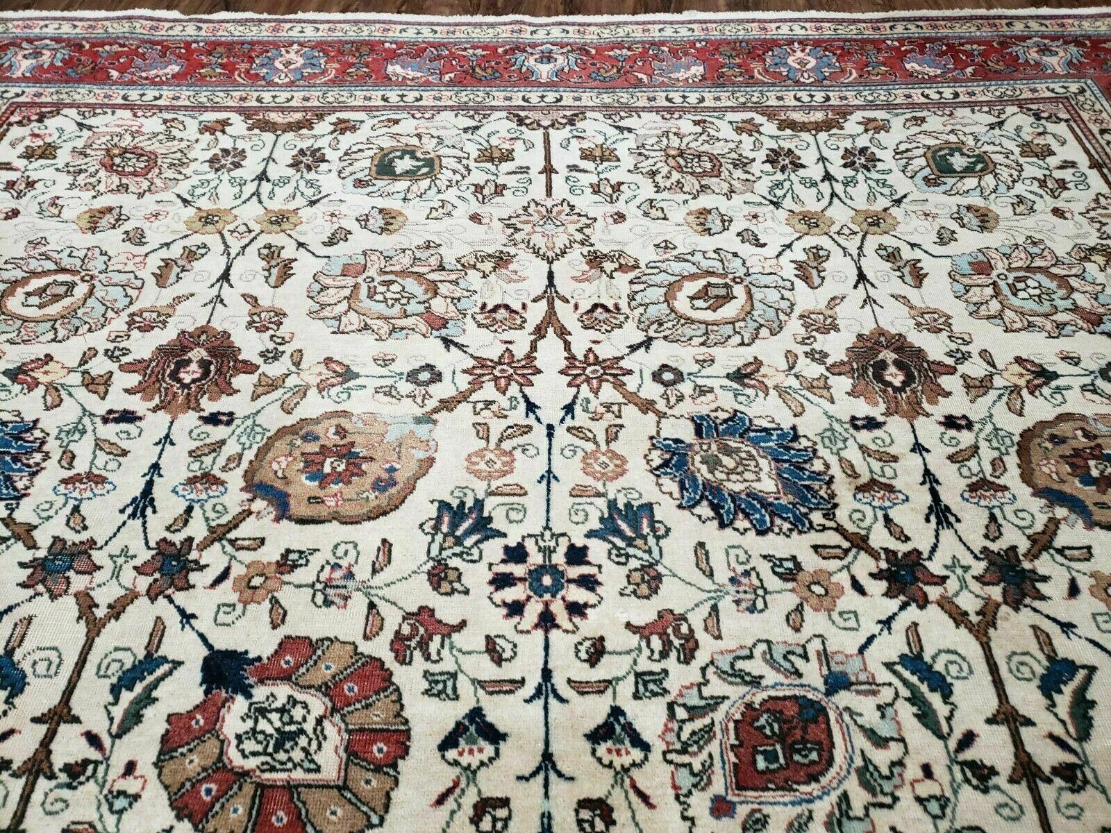 Antique Persian Tabriz Rug 9x12, Hand Knotted Oriental Carpet 9 x 12 ft, Vintage Wool Room Sized Rug, Cream and Red, Floral Allover Handmade Rug - Jewel Rugs