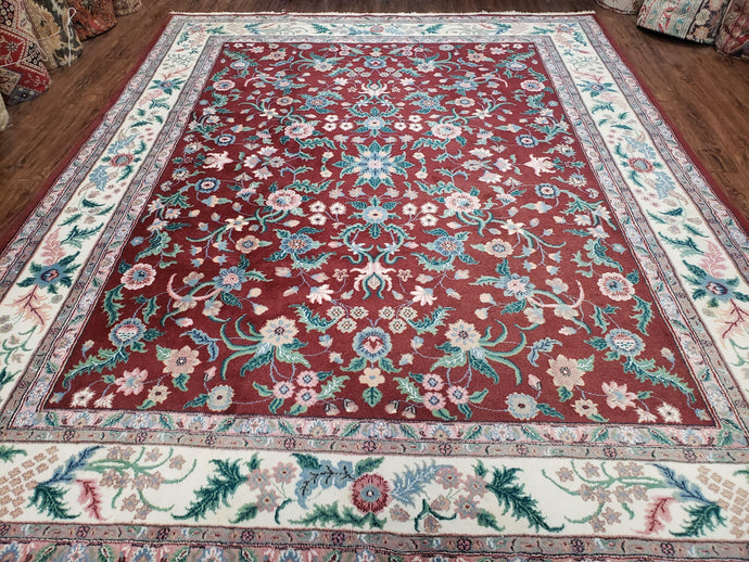 Indo Persian Rug 7.9 x 9.9 ft, Room Sized Indian Carpet, Wool Handmade Vintage Rug, Allover Floral Rug, Traditional Rug, Red Ivory Blue 8x10 - Jewel Rugs