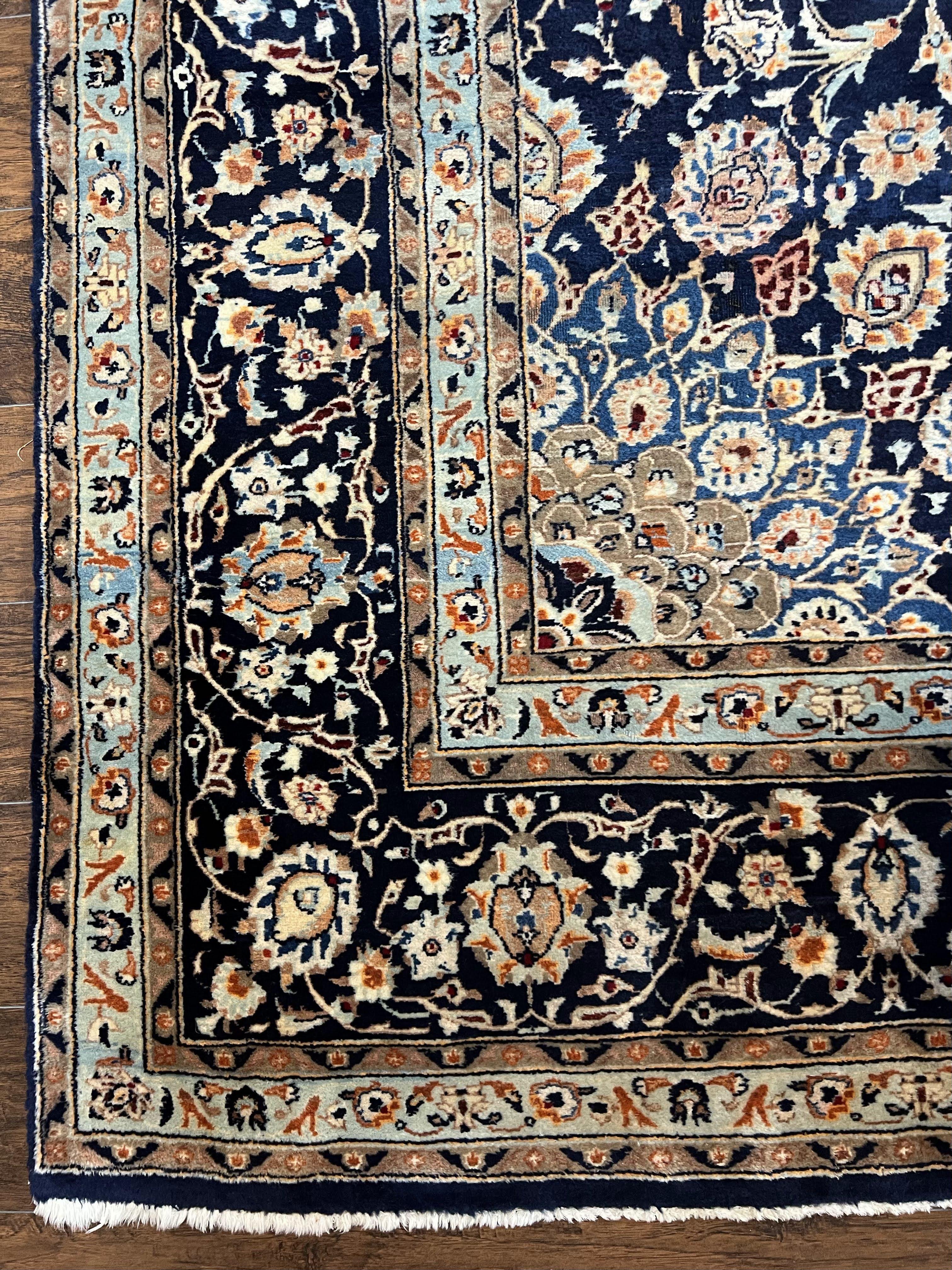 Wonderful Persian Kashan Rug 10x13, Navy Blue Light Blue Tan, Hand Knotted Wool Oriental Carpet Floral Allover Medallion 1950s Semi Antique Vintage - Jewel Rugs