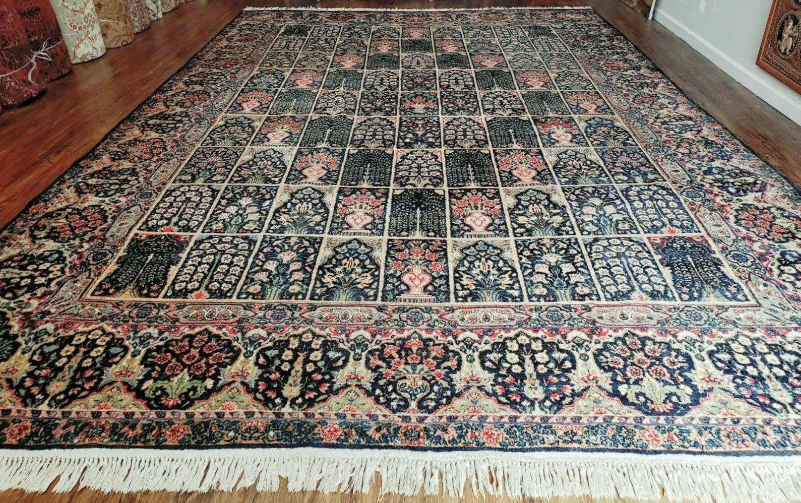 Persian Rug 10x15, Authentic Oriental Carpet 10 x 15, Wool Area Rug Panel Design Hand-Knotted Vintage Kirman Yazd Rug, Dark Blue and Beige, Floral - Jewel Rugs