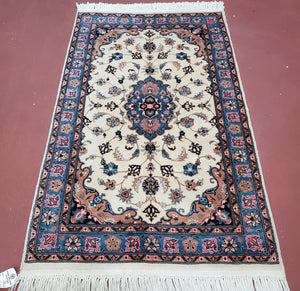 Vintage Pak Persian Oriental Rug 2.5 x 4, Wool Hand-Knotted Ivory & Blue Floral Medallion Carpet, Traditional Small Pakistan Rug - Jewel Rugs