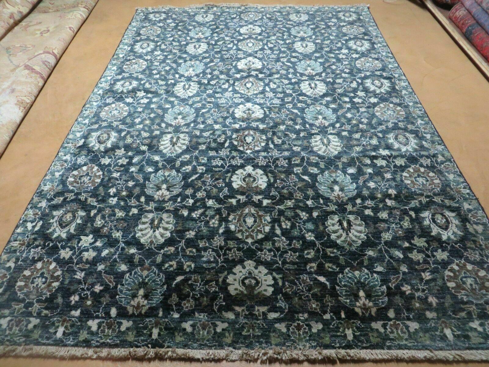 5' 6" X 8' Vintage Handmade Pakistani Floral Oriental Wool Rug Black Dark Grey - Jewel Rugs