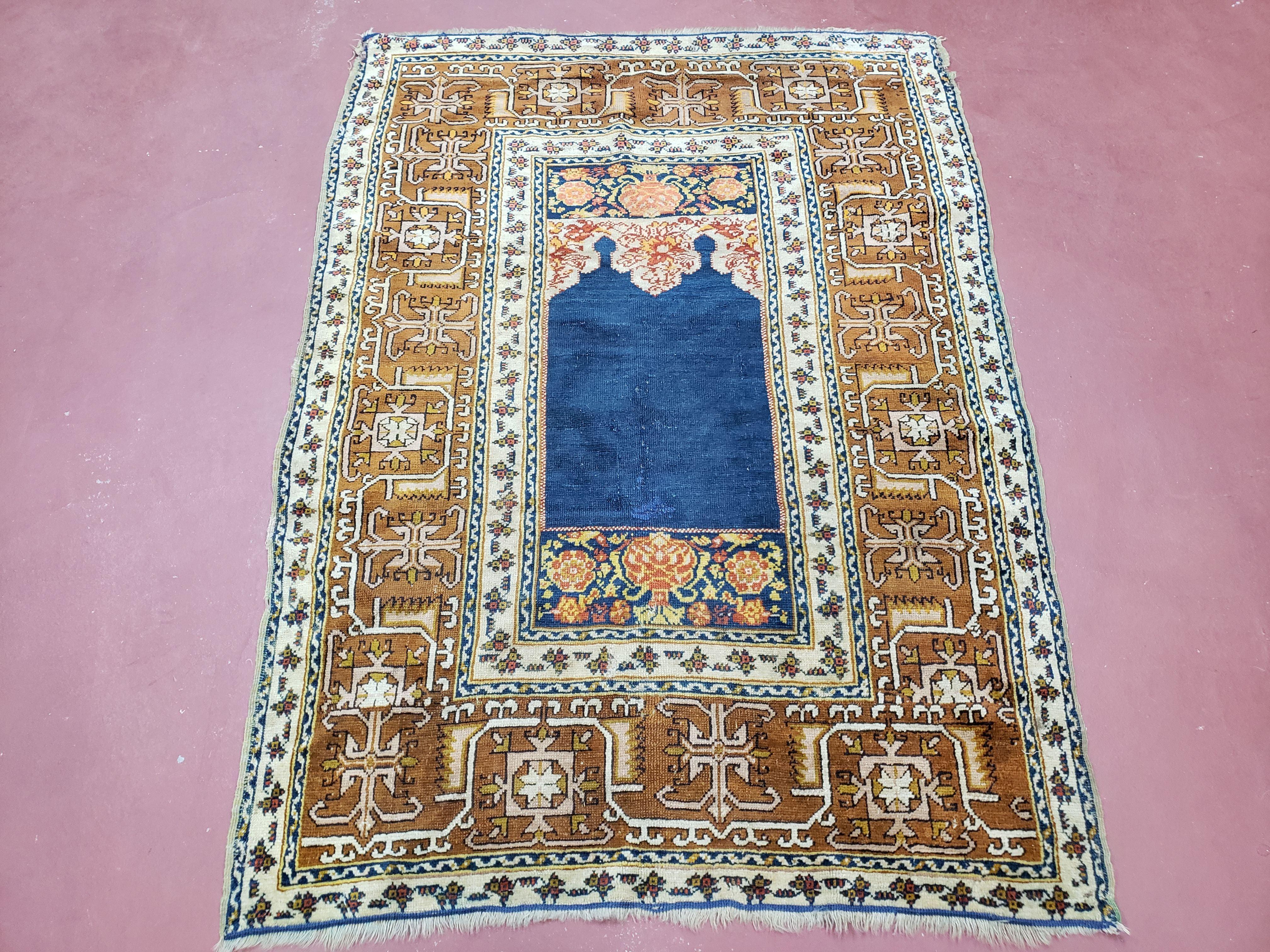 Antique Turkish Anatolian Ghiordes Prayer Rug, Twin Mihrabs, Rare Collectible Oriental Rug, Early 20th Century Prayer Rug, 3'9" x 5'2" - Jewel Rugs