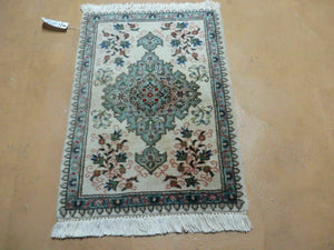 1' 9" X 2' 5" Handmade Indian Wool Rug Lahore Floral Design Small Oriental Rug Beige & Teal - Jewel Rugs