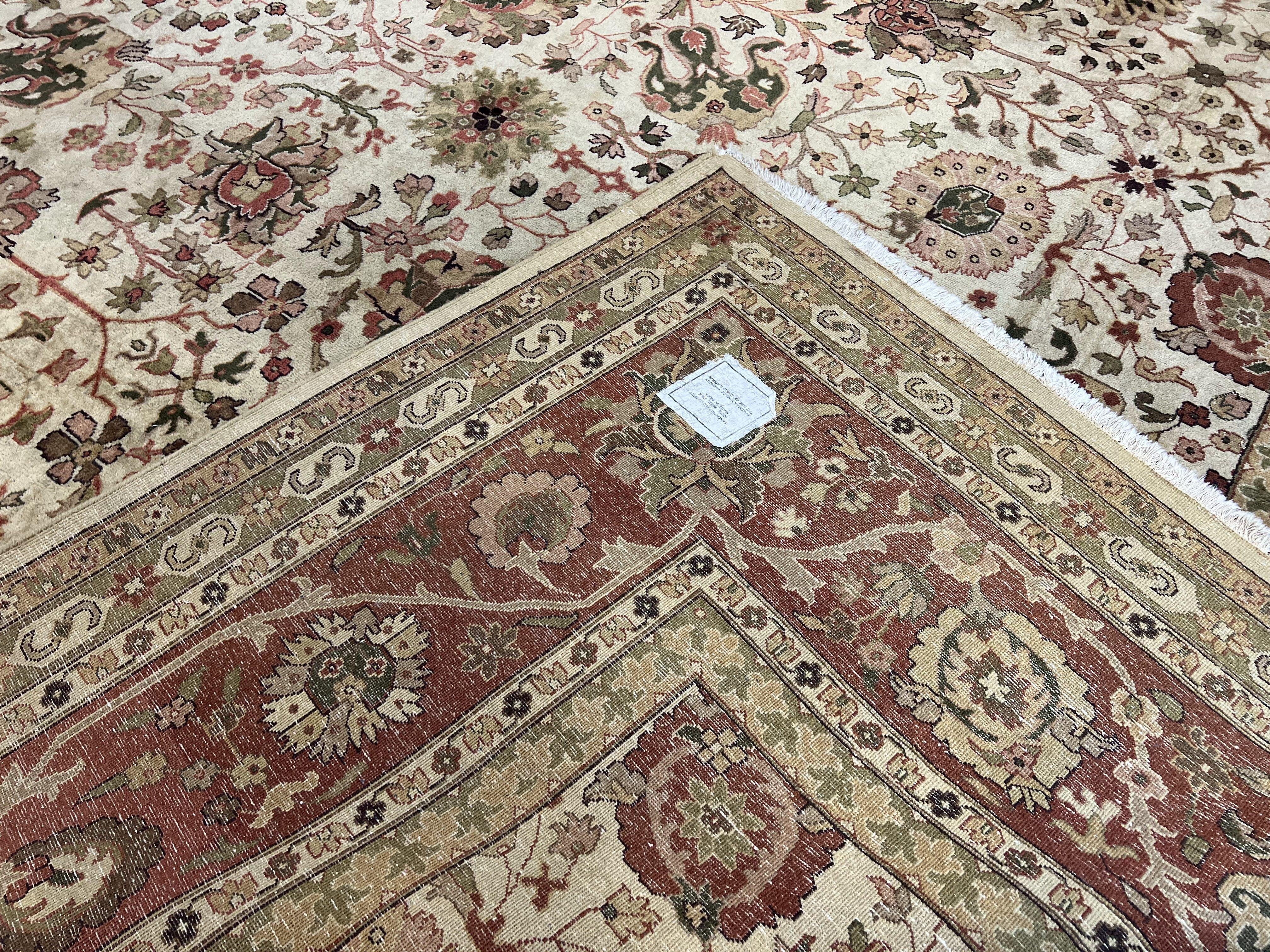 Large Indian Rug 10x14, Hand Knotted Indo Persian Gandehar Oriental Carpet, Vintage Wool Rug 10 x 14 ft Cream Red Floral Allover Traditional - Jewel Rugs