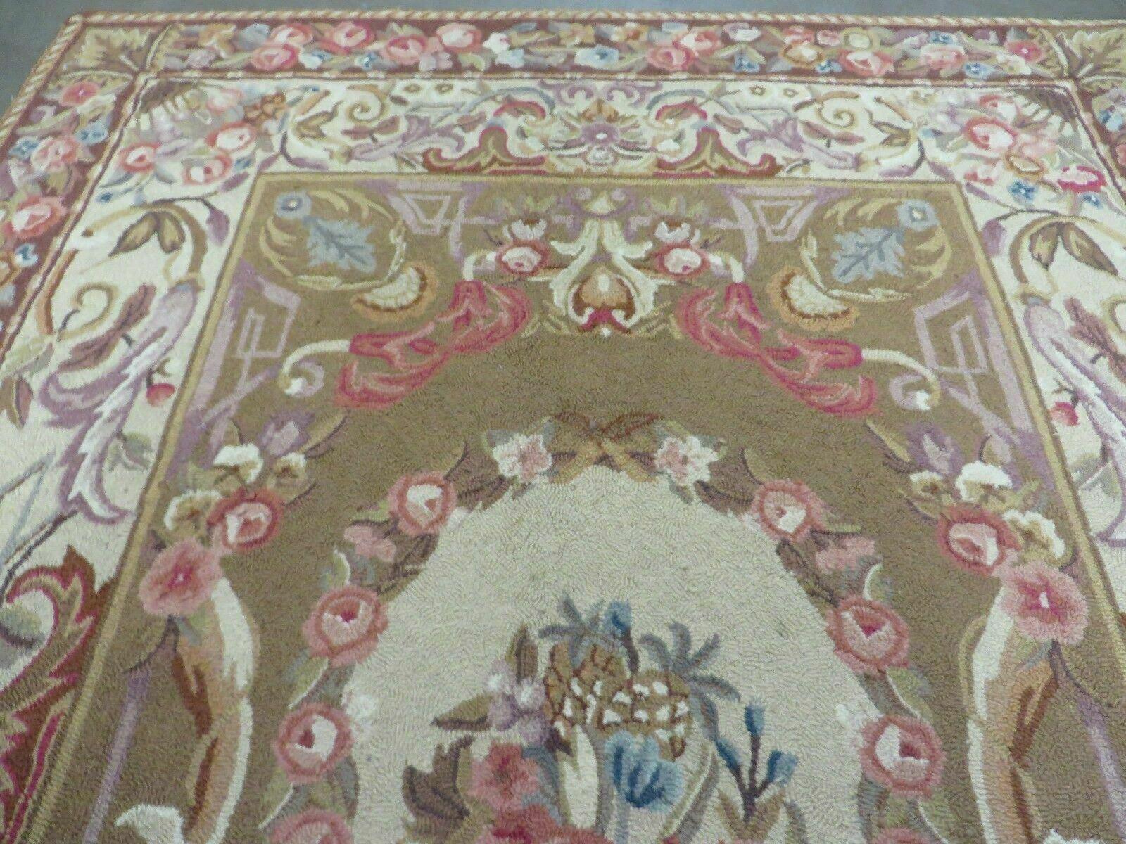 5' X 8' Vintage Handmade Hooked Rug Aubusson Pattern Floral Garden Nice - Jewel Rugs