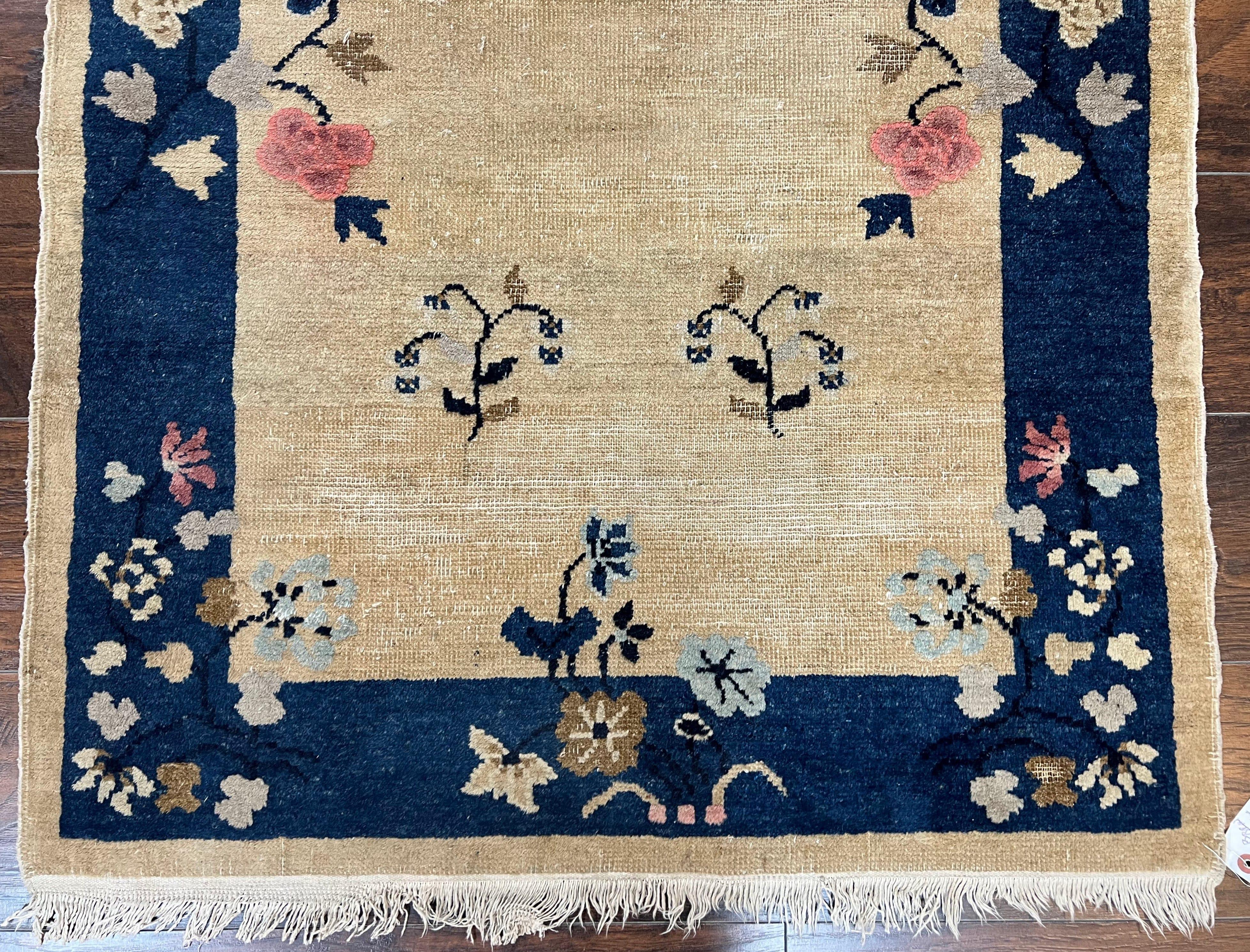 Antique Chinese Peking Rug 3x6, Beige and Dark Blue Hand Knotted Handmade Asian Oriental Carpet, Floral Vases, Vintage Wool Art Deco Rug - Jewel Rugs