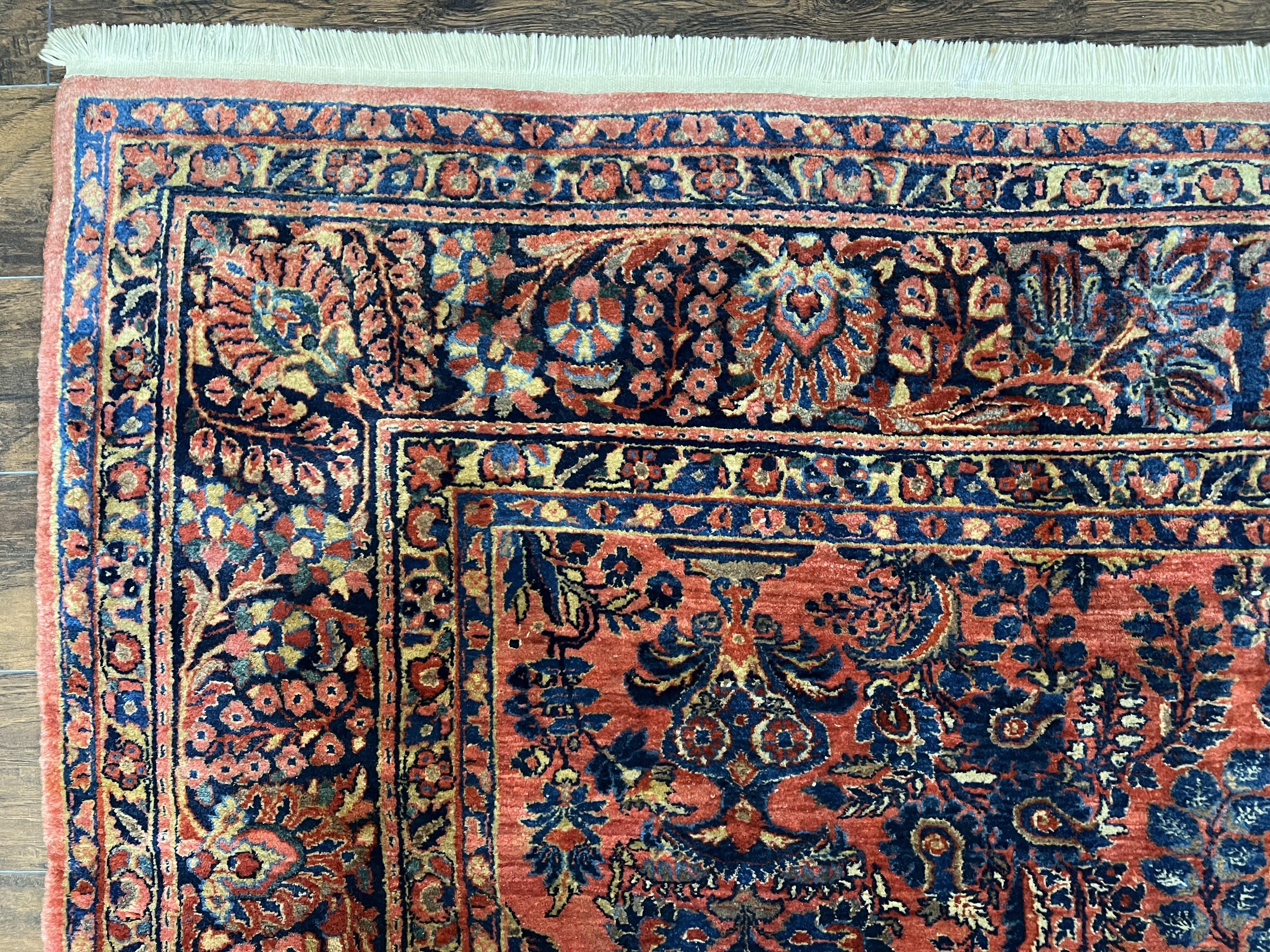 1920s Antique Persian Rug 9x12, Red Blue Hand Knotted, Allover Floral Pattern, High Quality, Room Sized Oriental Carpet, Wool, Collectible - Jewel Rugs