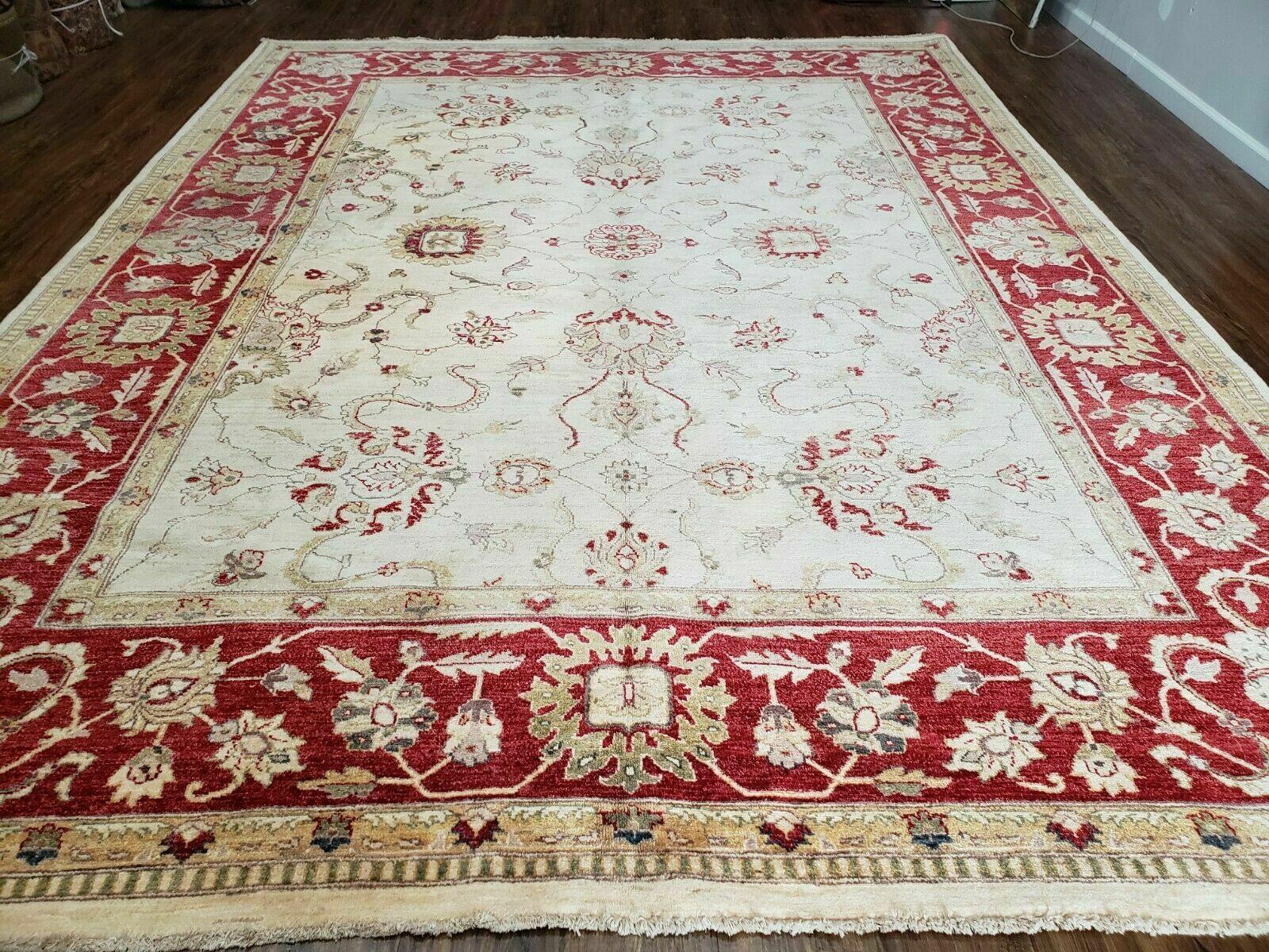 9' X 12' Handmade Pak Peshawar Oushak Wool Rug Oatmeal Beige Red Organic Nice - Jewel Rugs