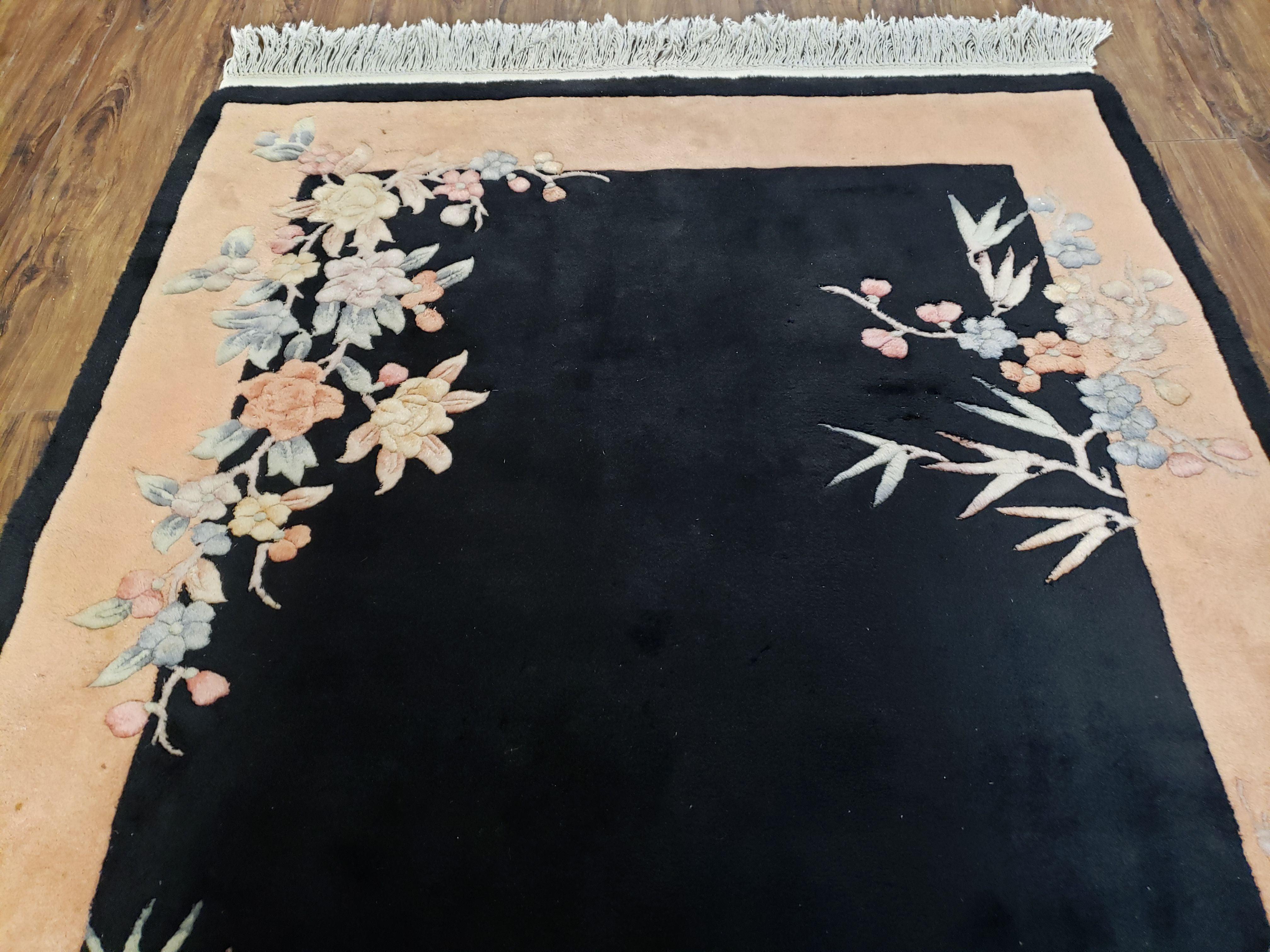 Chinese Art Deco Carpet 4x6, Black & Peach Chinese Oriental Rug 4 x 6, Flowers, Simple Design, 90 Line, Vintage, Wool, Soft, Thick Pile - Jewel Rugs