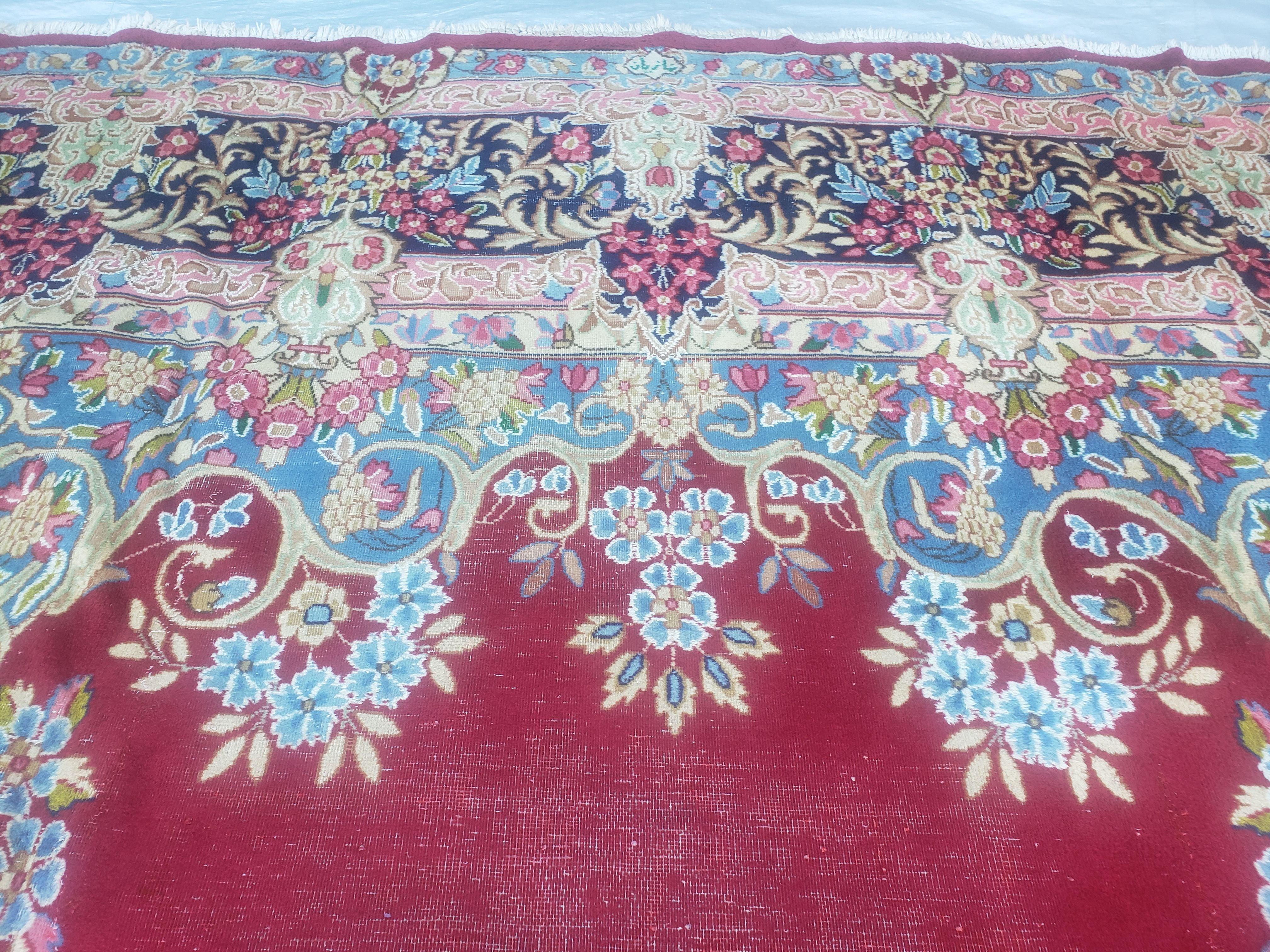 Antique Persian Kirman Rug 10x17 Oriental Carpet 10 x 17, Red, Multicolor, Namazian Signature Master Weaver, Shabby Chic, Semi Open Field - Jewel Rugs