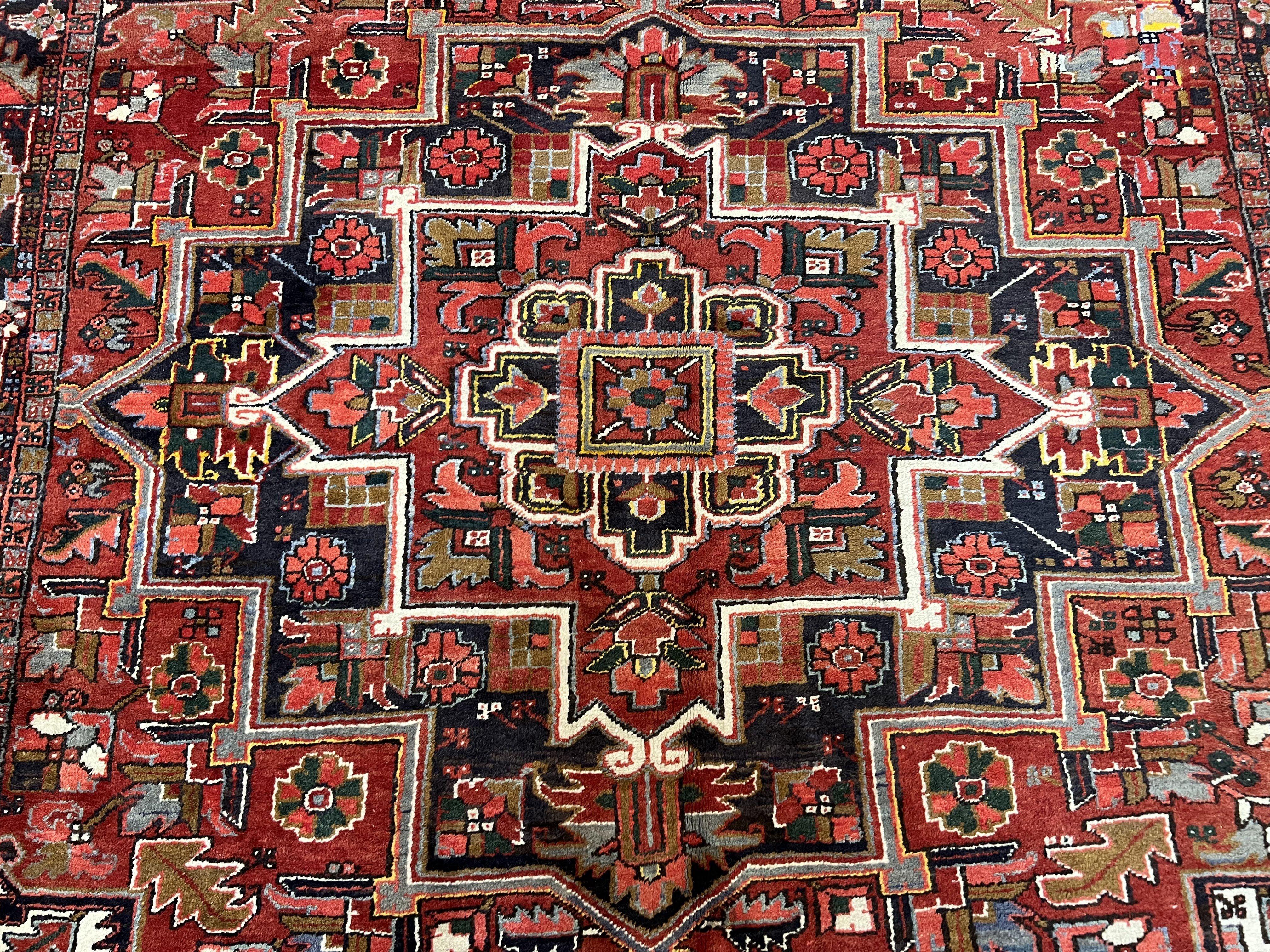 Persian Heriz Rug 8x12, Vintage Geometric Medallion Carpet, Semi Antique Wool Handmade Room Sized Oriental Rug 8 x 12, Red Dark Blue Ivory - Jewel Rugs