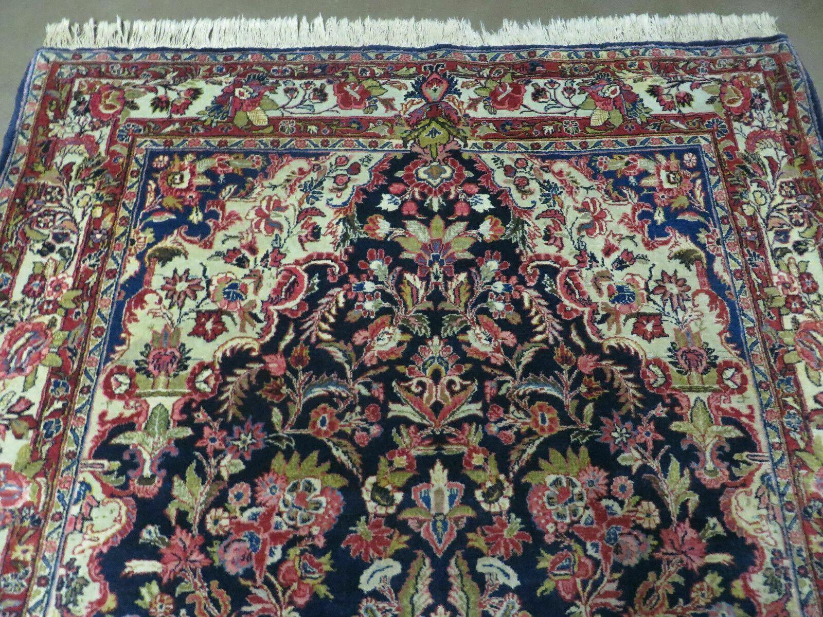 Persian Sarouk Rug 4x7, Hand Knotted Oriental Carpet 4 x 7 ft, Dark Blue Cream Red Floral Wool Rug, Semi Antique 1950s Persian Area Rug, Handmade - Jewel Rugs