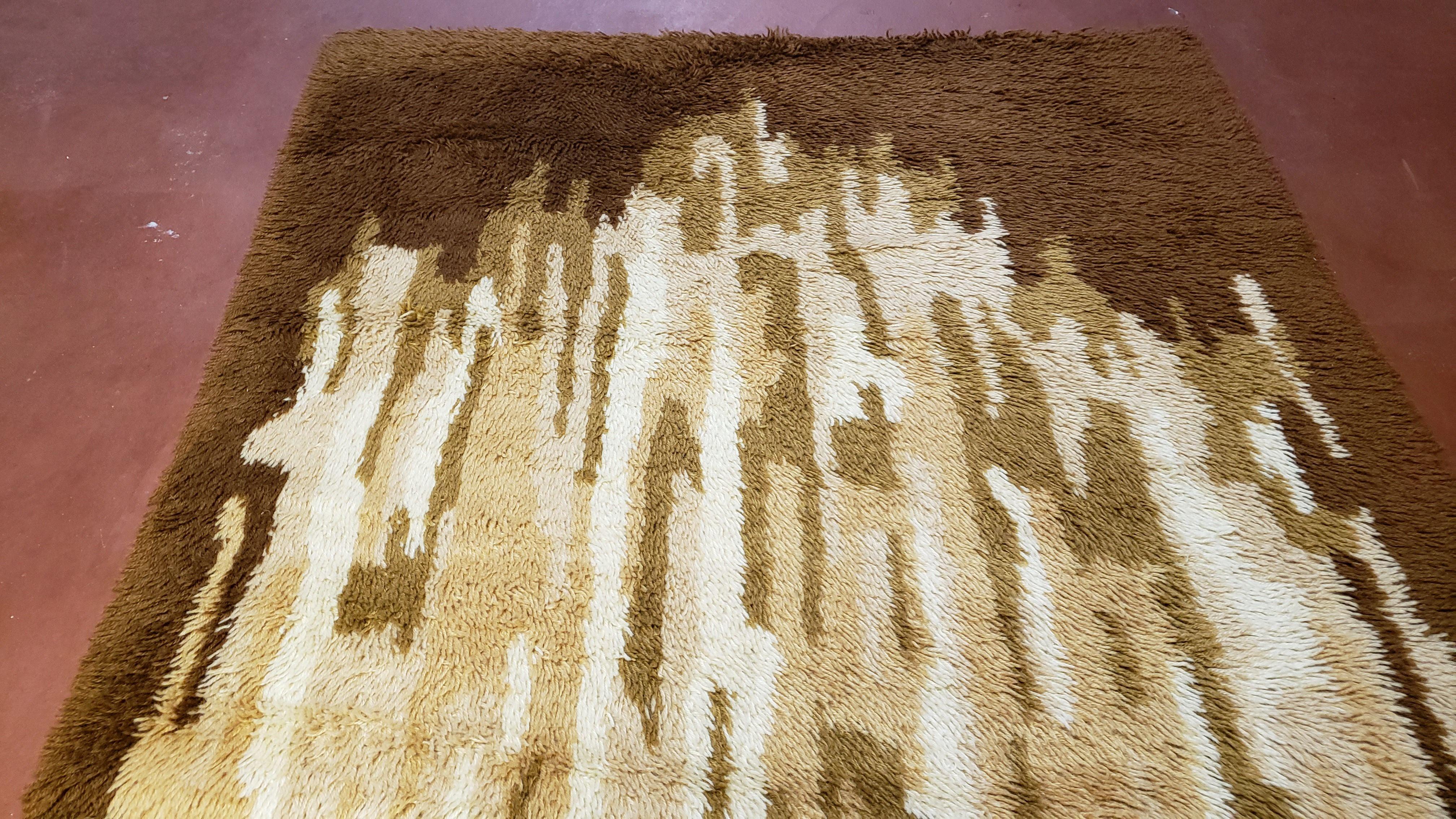 4x6 Rya Shag Rug Mid-Century Modern 1960s Abstract Danish Carpet Heart High-Pile Fluffy Brown Beige Tan Vintage Area Rug - Jewel Rugs