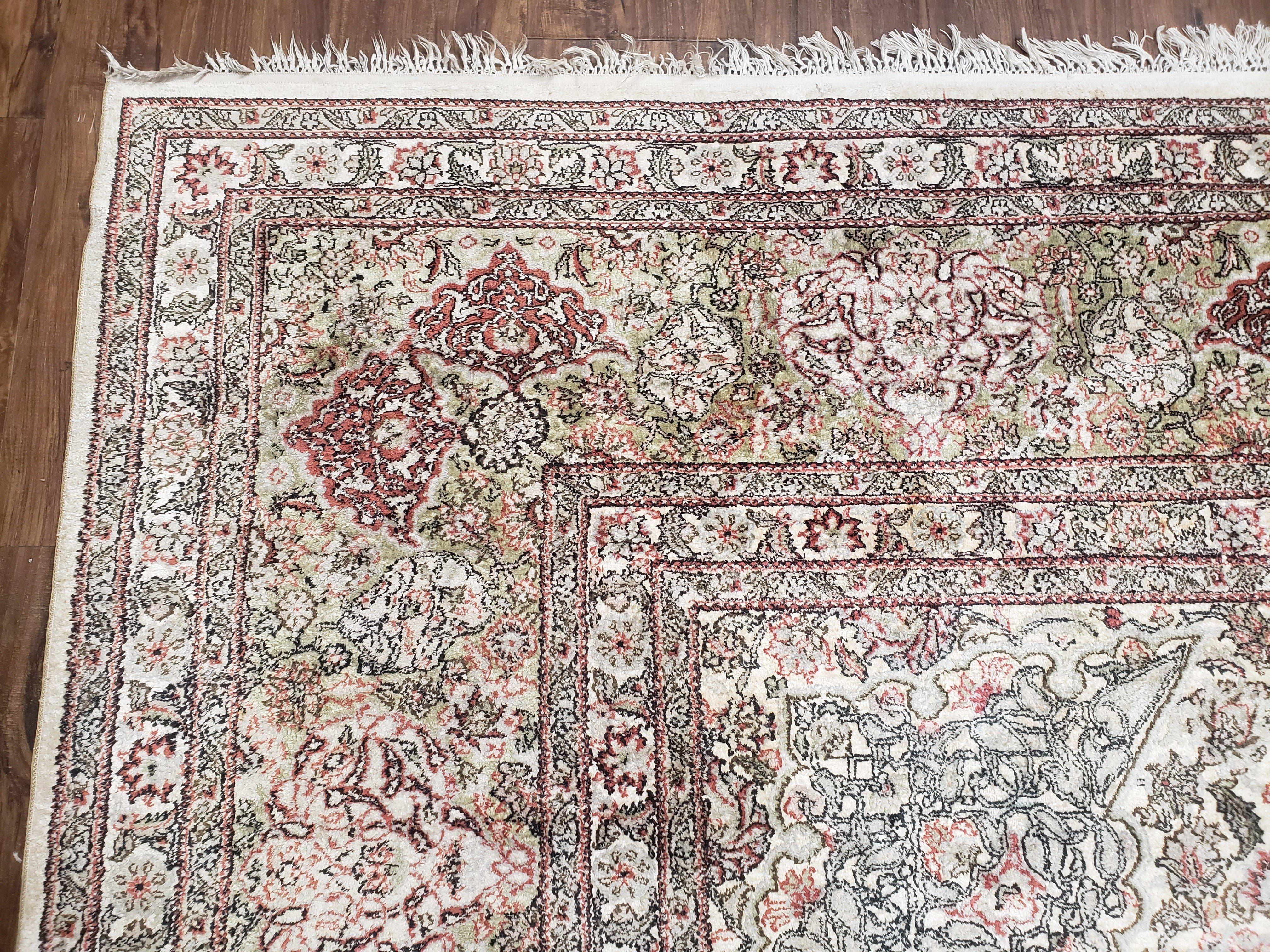 Vintage Indian Room Sized Silk Rug 8x10, Indo Kashmiri Carpet, Hand-Knotted Persian Oriental Carpet, Floral Medallion Allover Pattern, Ivory - Jewel Rugs
