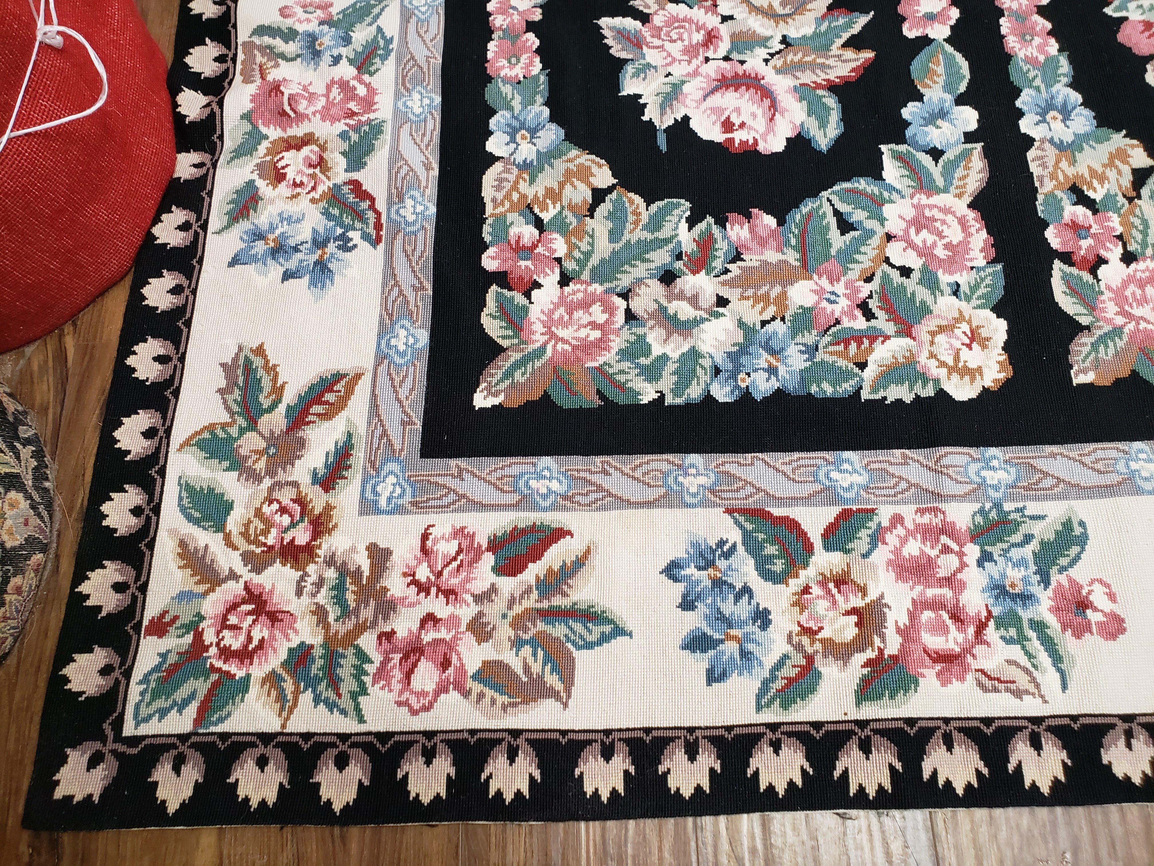 Floral Needlepoint Rug 9.5 x 13.6, Floral Panel Design, Black and Ivory Flatweave Aubusson Carpet, Multicolor - Jewel Rugs