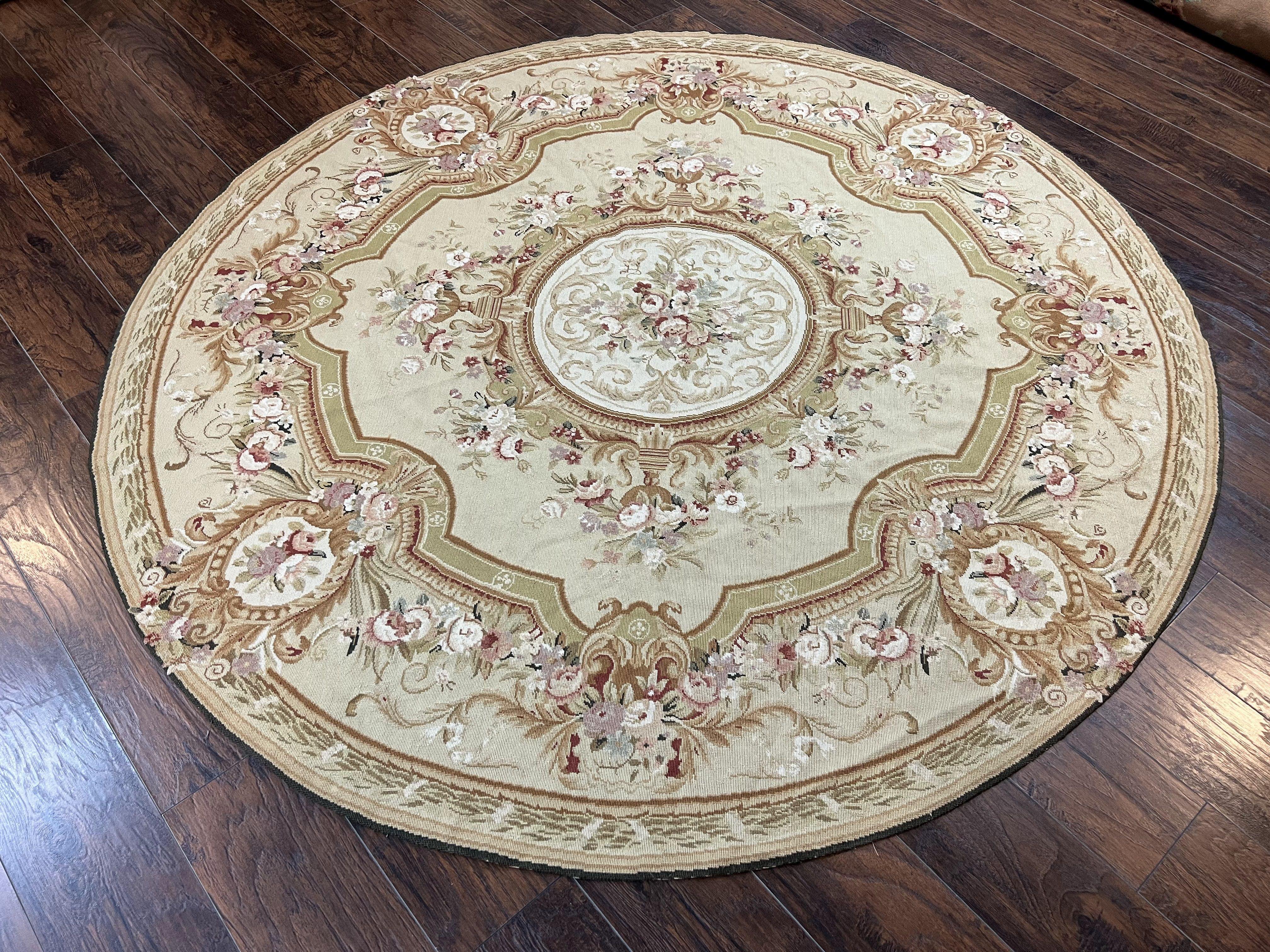 Round Needlepoint Rug 7x7 ft, Aubusson Savonnerie Round Carpet, Large Round Needlepoint, Elegant, Beige and Cream, Floral, Wool Handmade Rug - Jewel Rugs