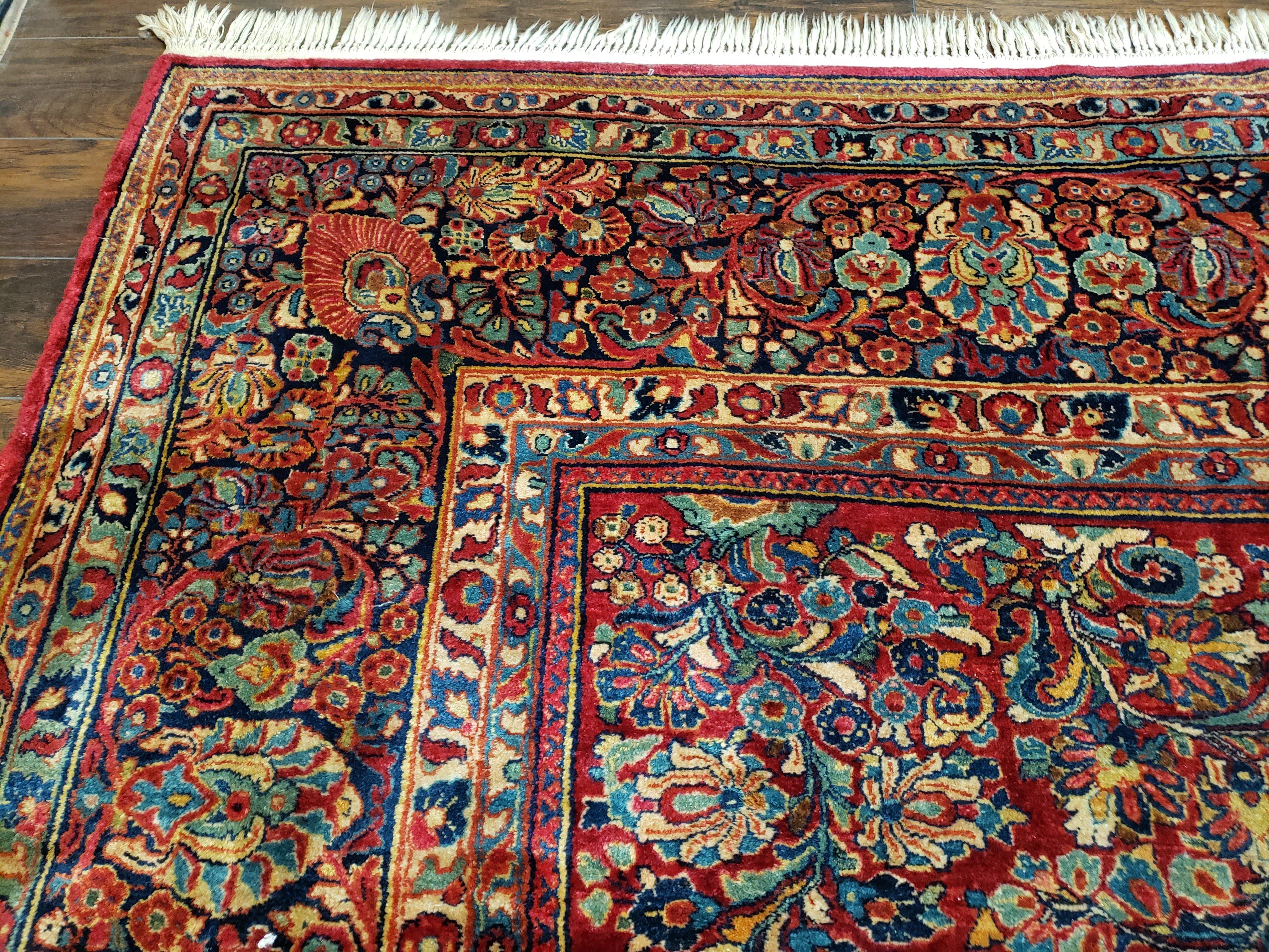 Stunning Semi Antique Palace Sized Persian Sarouk Rug, Hand-Knotted, Red and Dark Blue, Floral Allover, Wool, 14' x 17' 9" - Jewel Rugs