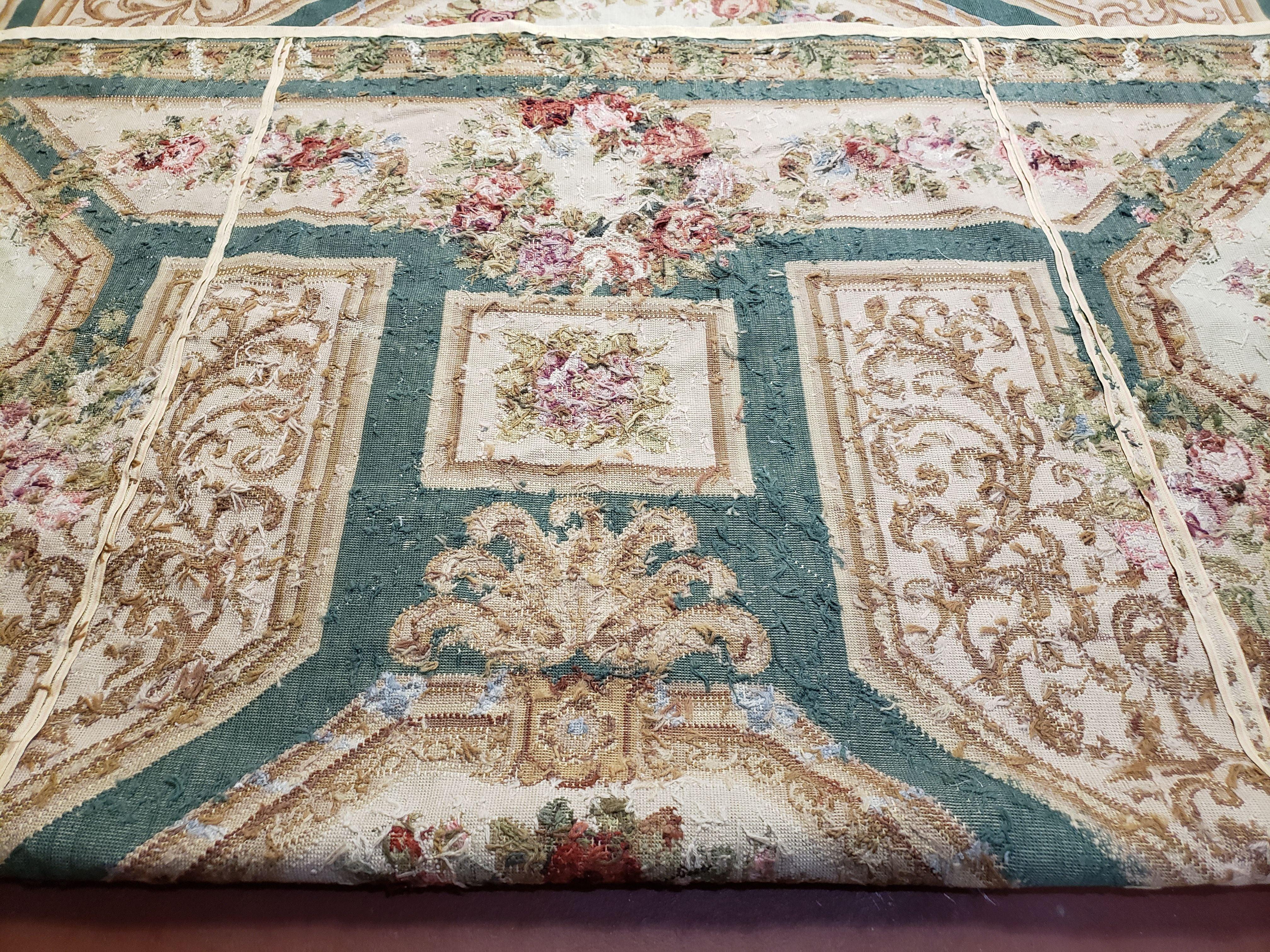 9x12 Needlepoint Rug Flatweave Carpet Aubusson Rug One-of-a-Kind Hand-Knotted Wool Rug Living Room Rug Vintage Floral Pattern Green & Beige - Jewel Rugs