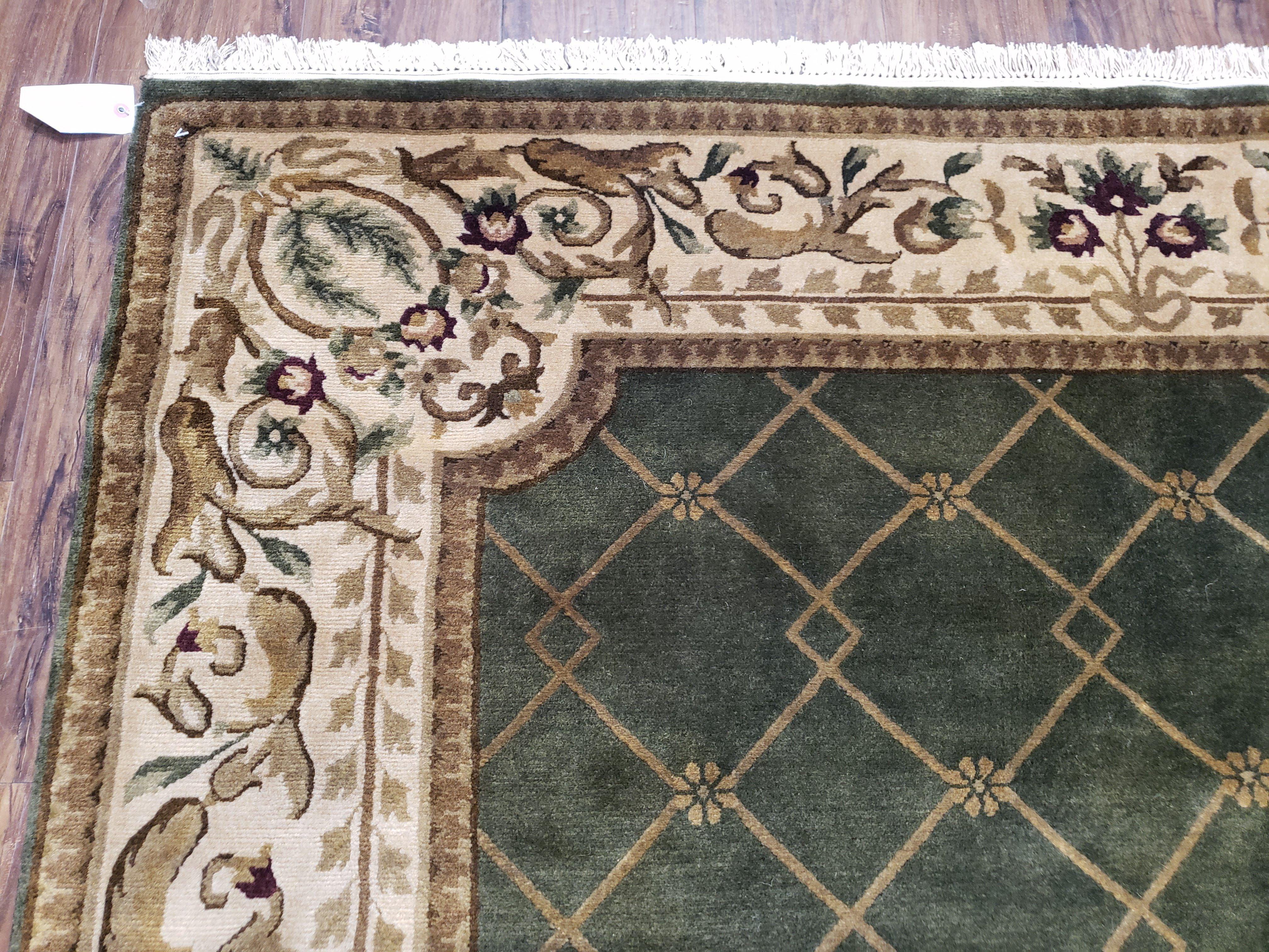 Vintage Napalese Aubusson Rug 6x9, Hunter Green & Beige Hand-Knotted Wool Carpet, 6 x 9 European Design Carpet, Handmade New Rug, Office Rug - Jewel Rugs