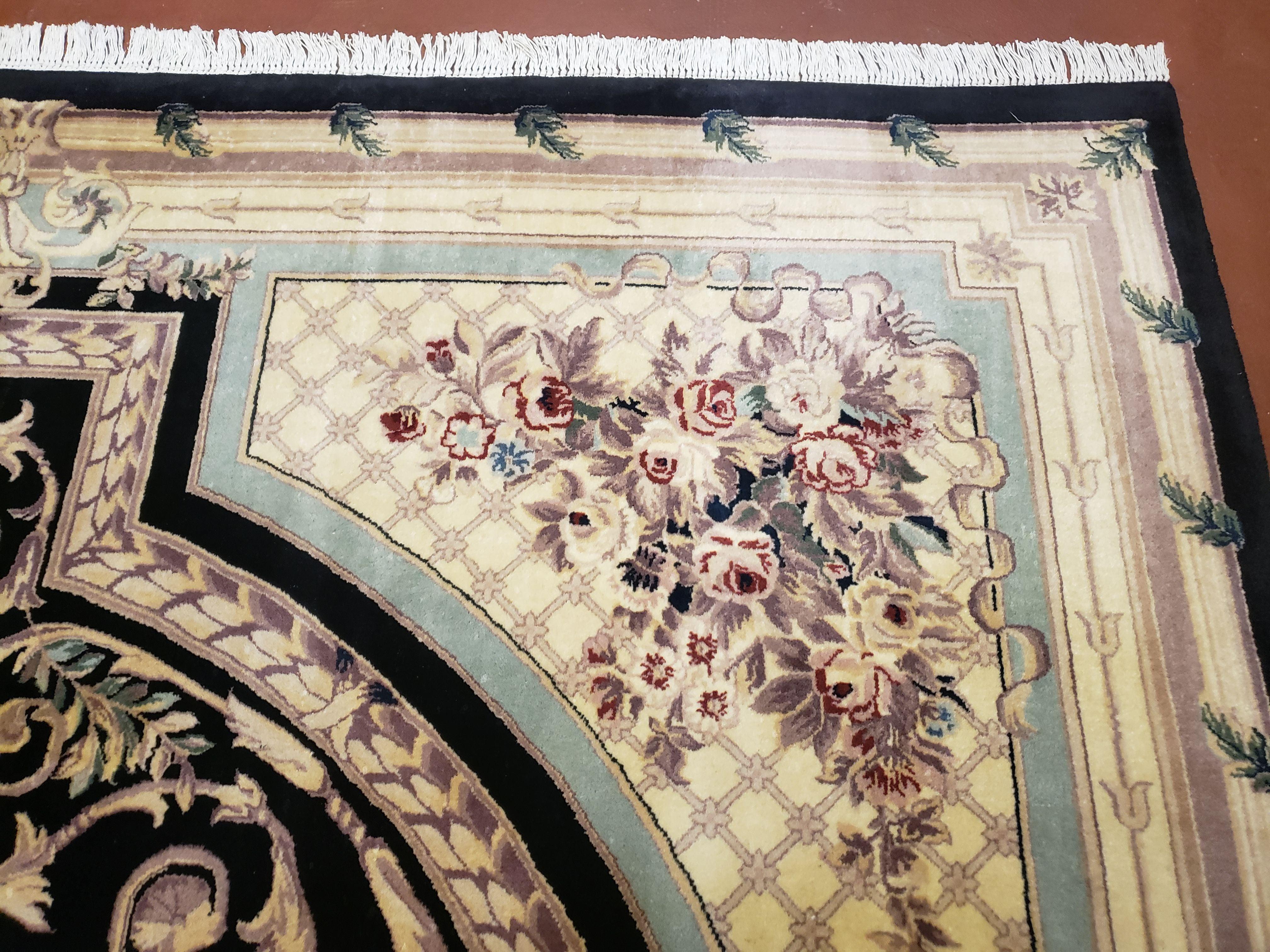 8x10 Aubusson Rug, Fine Hand Knotted Wool Carpet, French European Design, Black & Ivory - Jewel Rugs