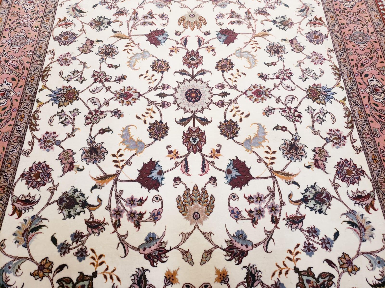 Semi Antique Persian Tabriz Rug, Beige and Salmon Red, Floral Pattern, Hand Knotted, Wool, 5x7 ft - Jewel Rugs