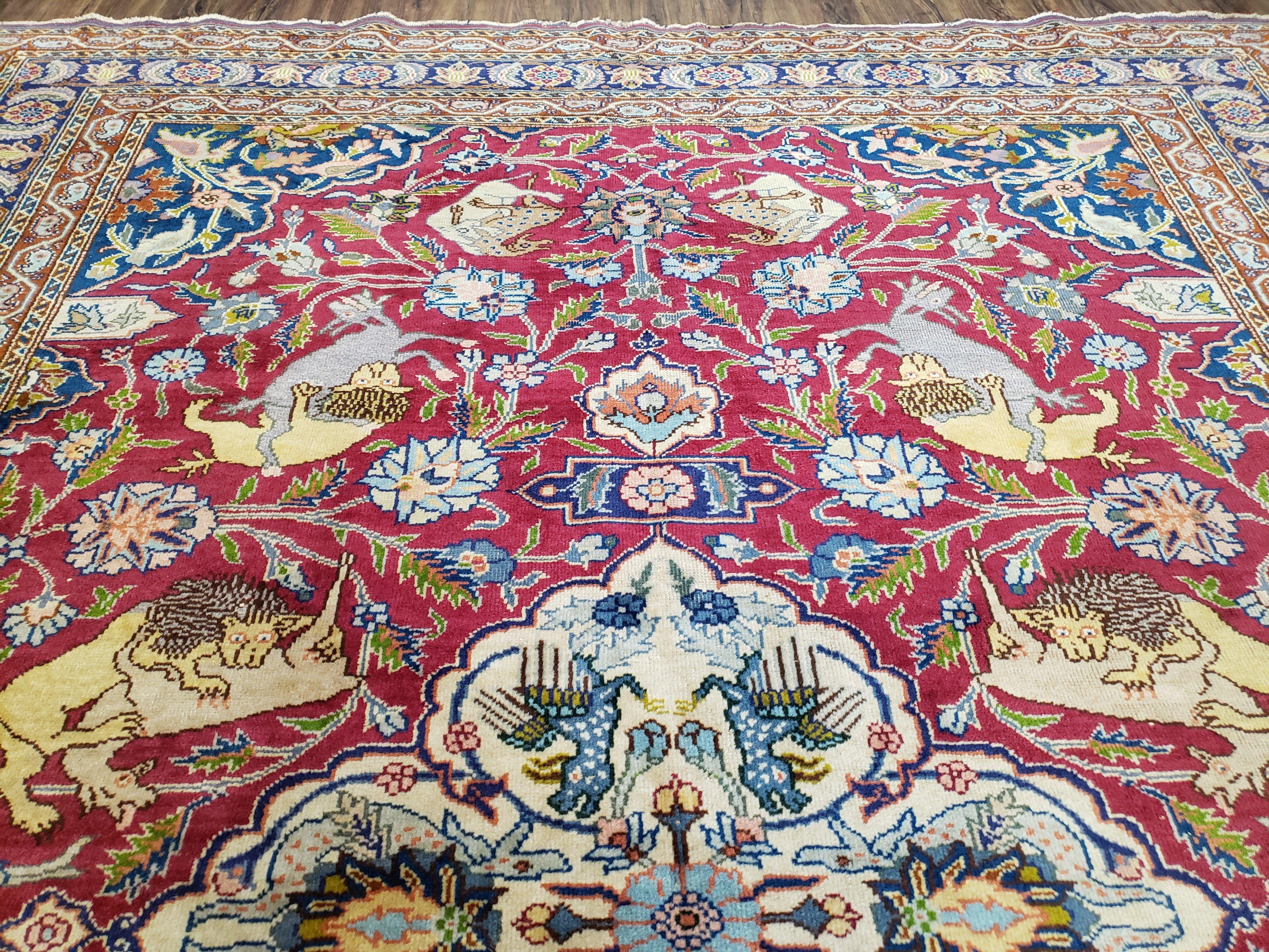 Antique Turkish Sivas Area Rug 8x11, Hand-Knotted, Vintage Red Wool Carpet, Gazelles Lions, Boteh Border, 8' x 11' Top Quality Oriental Rug - Jewel Rugs