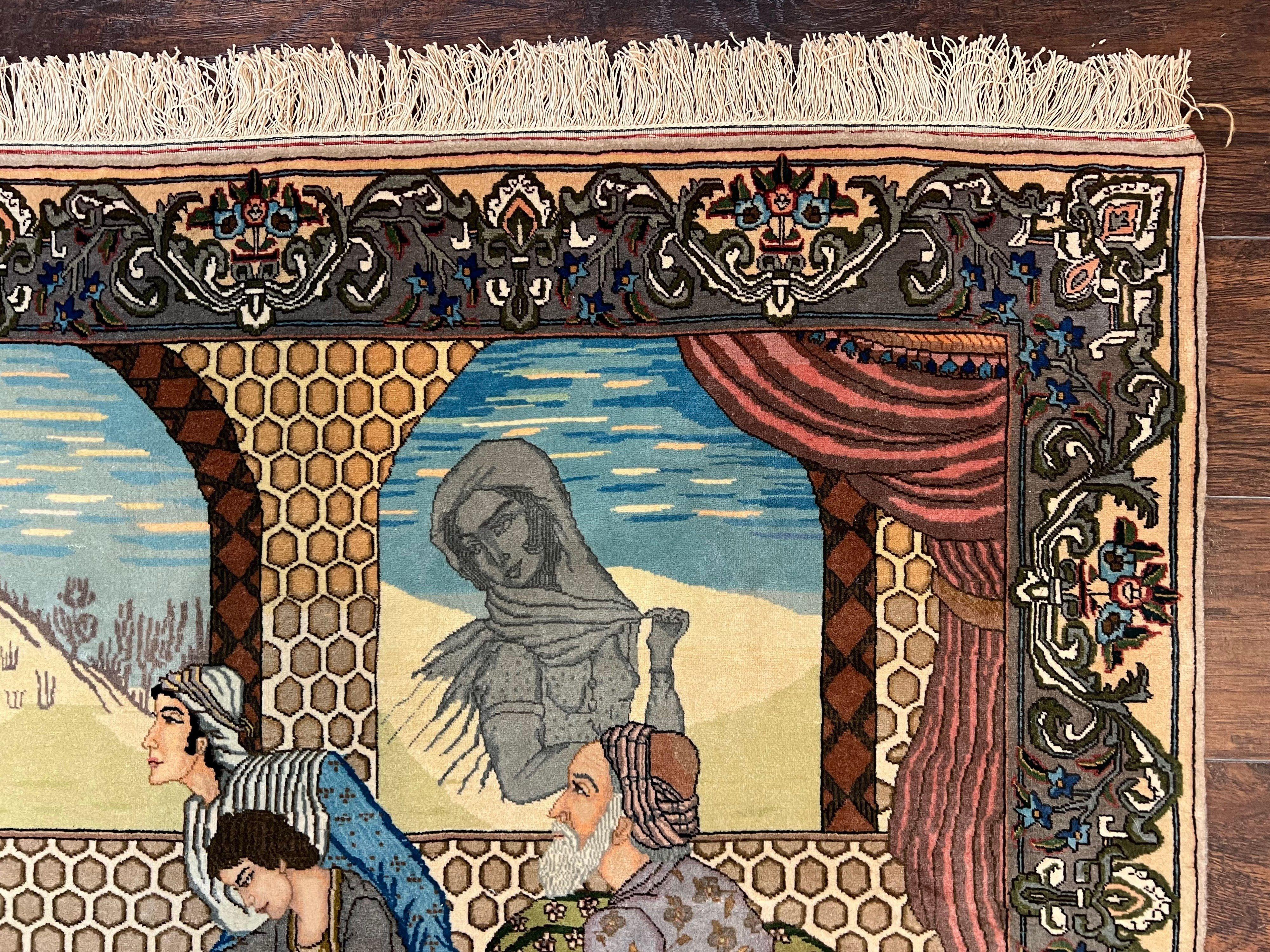 Persian Tabriz Pictorial Rug 4.8 x 3.8, Horizontal Oriental Carpet for Hanging on Wall, Hand Knotted Wool Vintage Fine Carpet, Doctor and Patients - Jewel Rugs