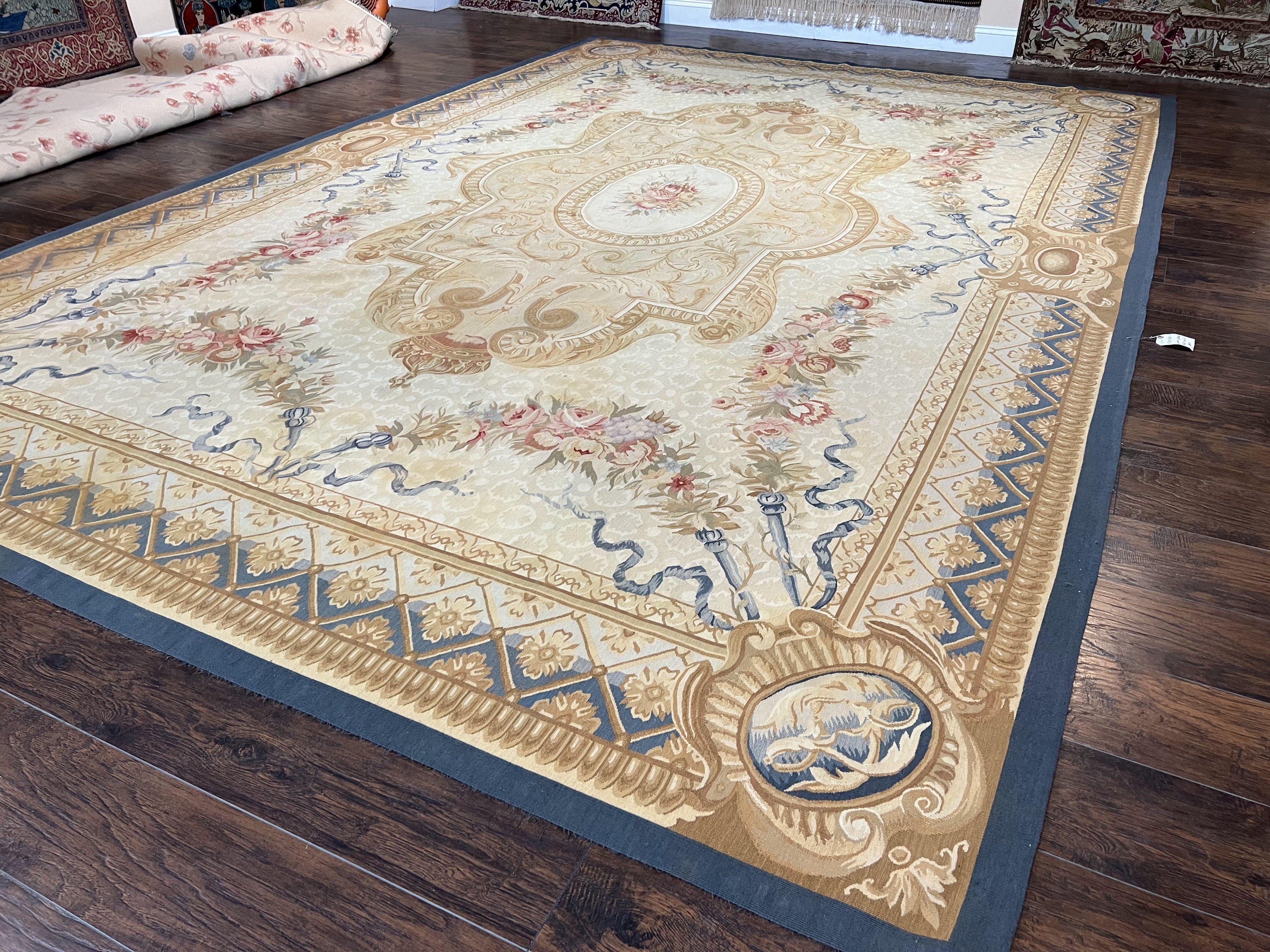 Chinese Aubusson Rug 10x14, Elegant Flatweave Rug, Hand Woven Aubusson Savonnerie Carpet, Vintage Aubusson Rug, Beige and Blue Wool Aubusson - Jewel Rugs