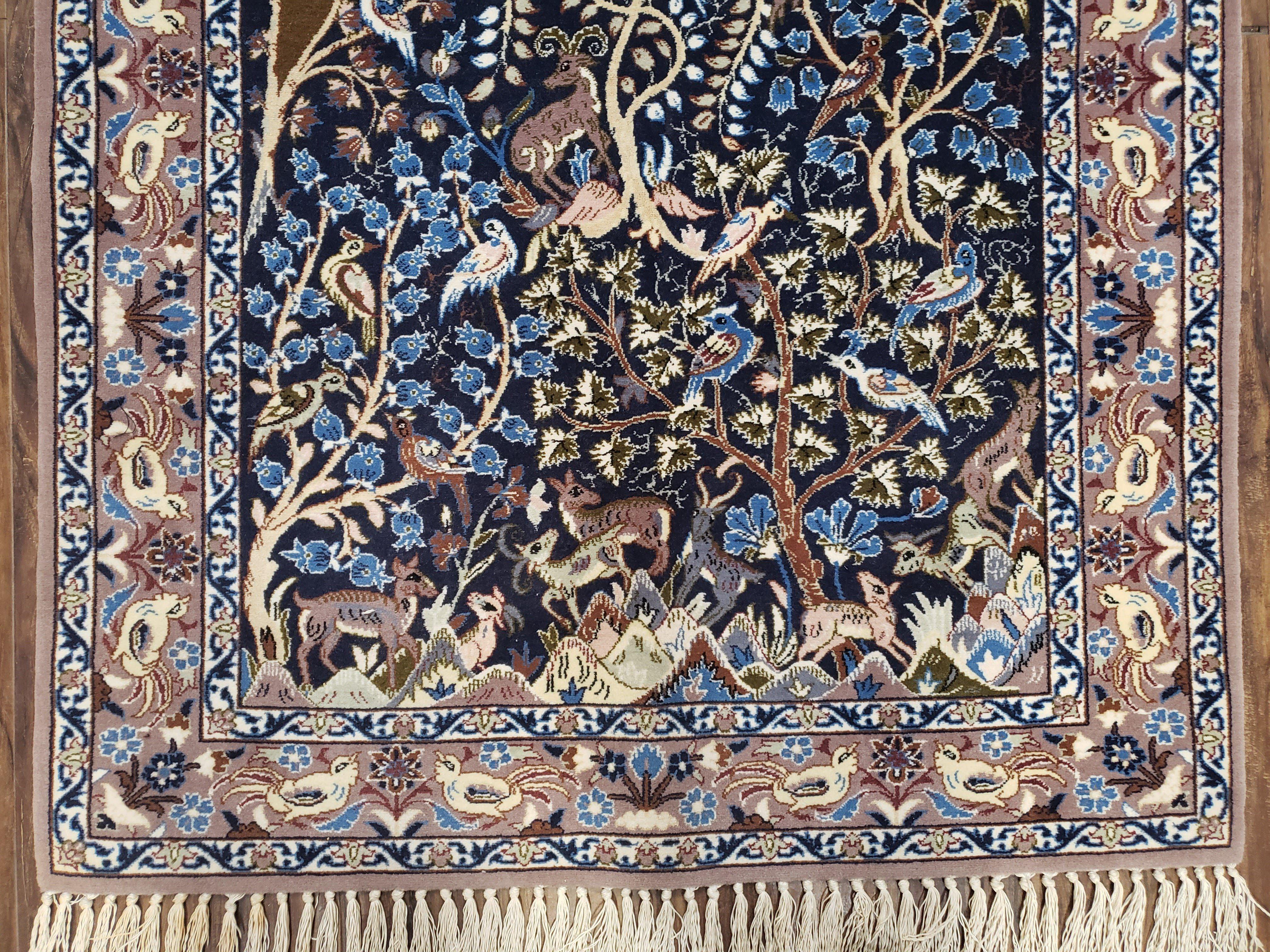 Semi Antique Persian Isfahan Rug, Hand-Knotted, Tree of Life Pattern with Animal Motifs, Dark Blue and Taupe, Kork Wool on Silk Foundation, 2'4" x 3'5" - Jewel Rugs