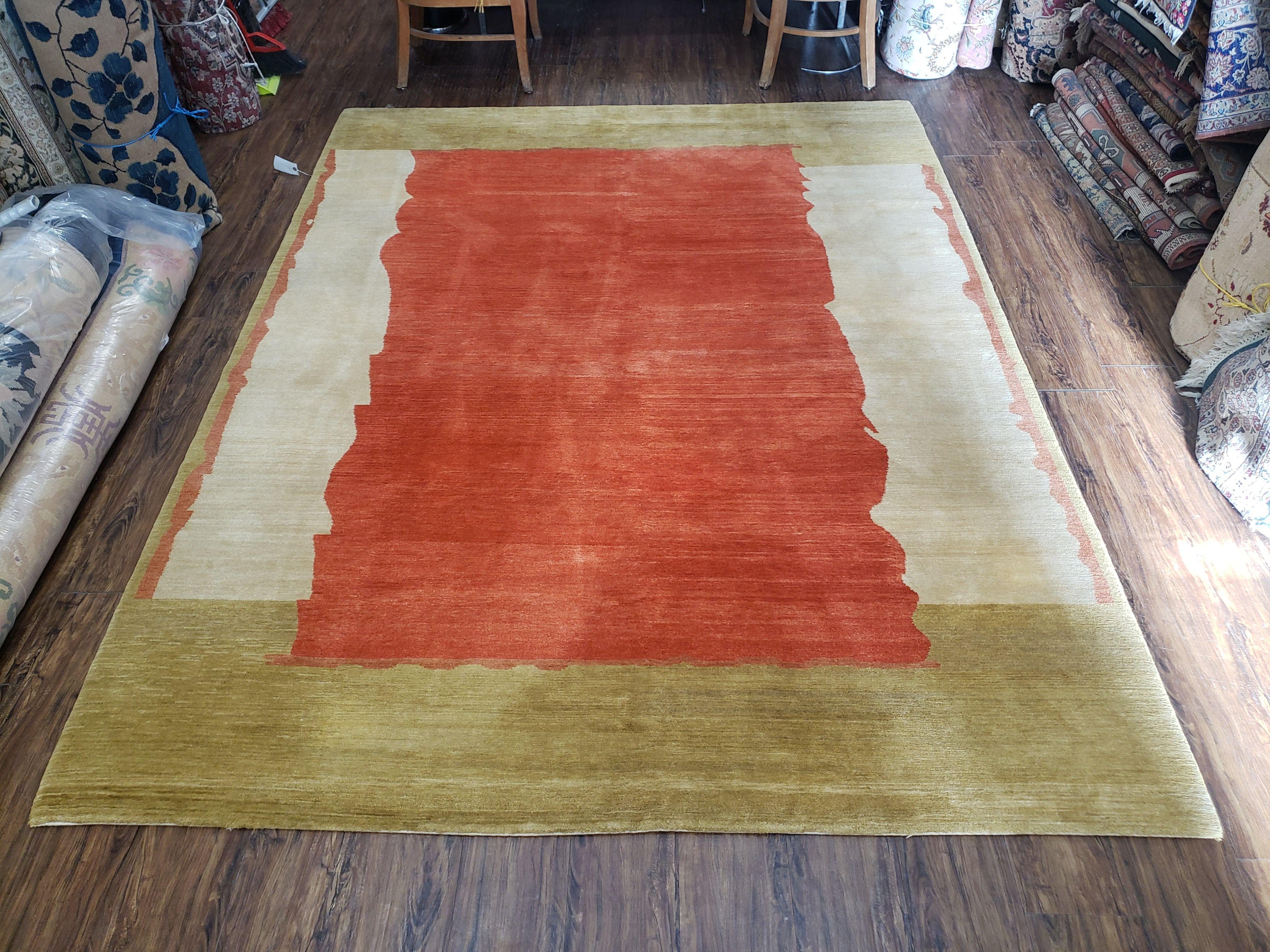 7x9 Modern Area Rug, 7 x 9 Tibetan Rug, 7 by 9 Nepal Rug, Abstract Rug, Wool Rug, Red Gold Ivory Rug, Handmade Tibetan Rug, Dining Room Rug - Jewel Rugs