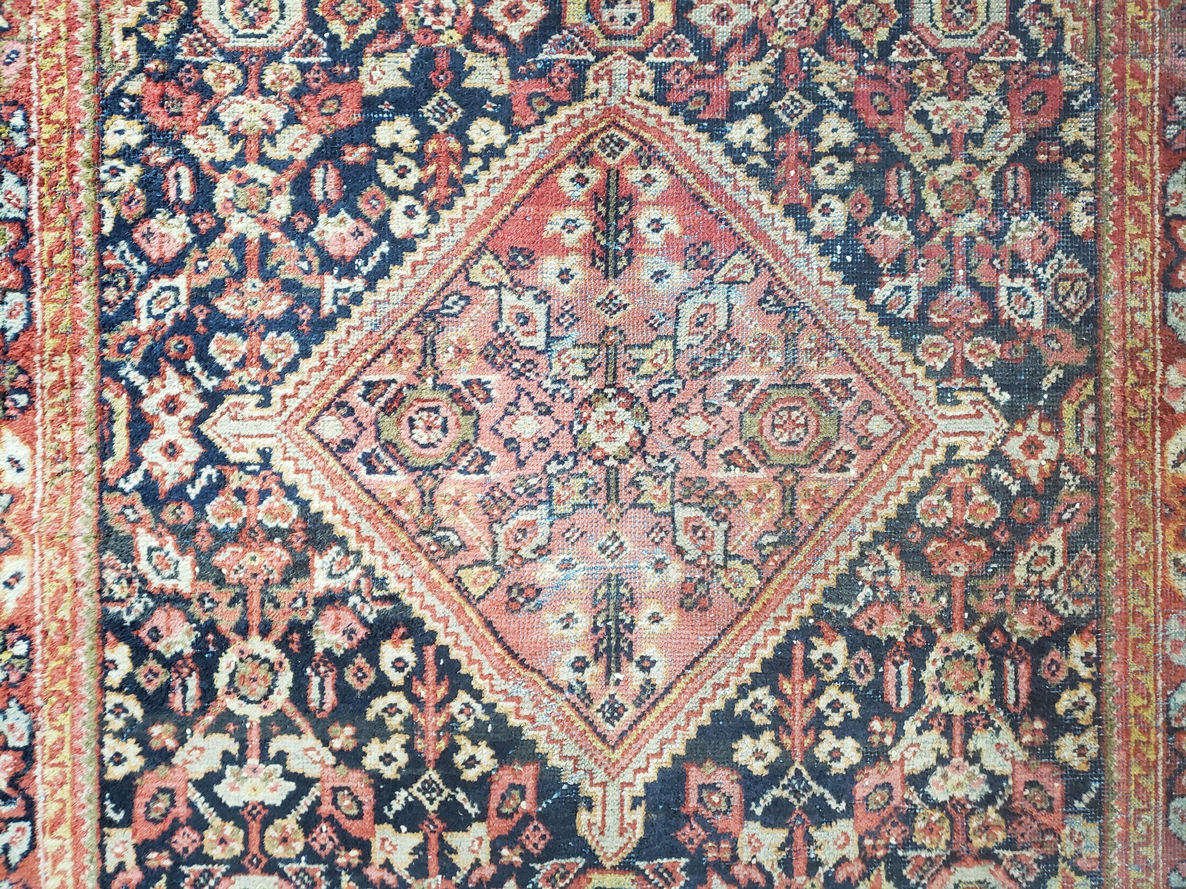 Antique Persian Mahal Area Rug 4.4 x 6.6, Wool Hand-Knotted Shabby Chic Oriental Rug, Red Black 1930s Foyer Room Carpet, Low Pile Boho Rug - Jewel Rugs