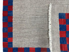 5' 7" x 7' 9" Geometric Kilim Carpet, Gray, Handmade, Hand-Knotted Area Rug, Blue & Red, Flatweave, Wool, New, Checkerboard Pattern - Jewel Rugs