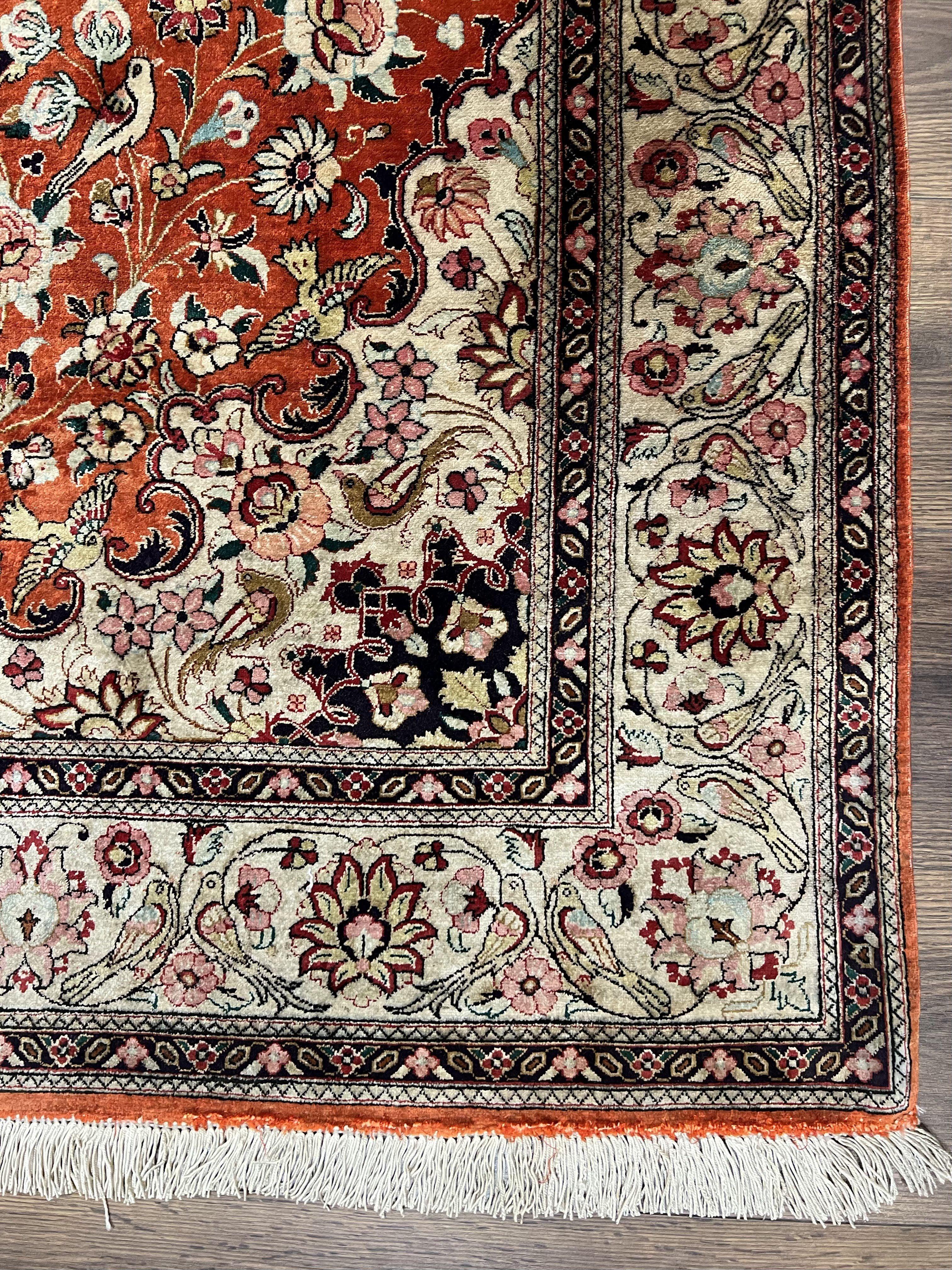 Persian Qum Silk Rug 5x7 - Floral Medallion, Birds, Orange-Red - Jewel Rugs