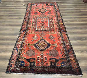 Persian Tribal Runner Rug 4.2 x 10.6, Wide Nahavand Hamadan Runner Rug, Bohemian Carpet, Red Kitchen Runner, Handmade Wool Antique Geometric Medallions - Jewel Rugs