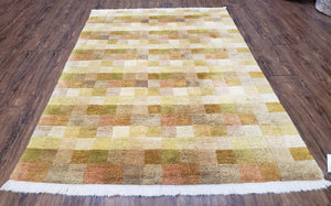 4x6 Tibetan Rug, Modern Abstract Handmade Area Rug, Checkerboard Pattern, Neutral Ivory Gold Tan Colors, Soft Pile, Mid Sized Rug, Nepali - Jewel Rugs