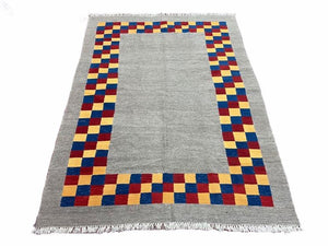 Gray Kilim Carpet, Yellow, Red, Blue Checkerboard Pattern, Flatweave, New, Geometric, Hand-Knotted, Wool, Turkish Area Rug, 5' 9" x 7' 9" - Jewel Rugs