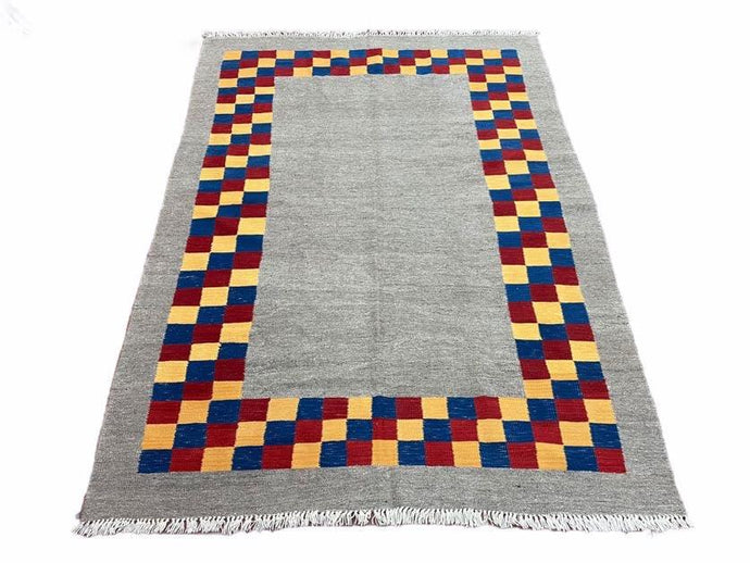 Gray Kilim Carpet, Yellow, Red, Blue Checkerboard Pattern, Flatweave, New, Geometric, Hand-Knotted, Wool, Turkish Area Rug, 5' 9