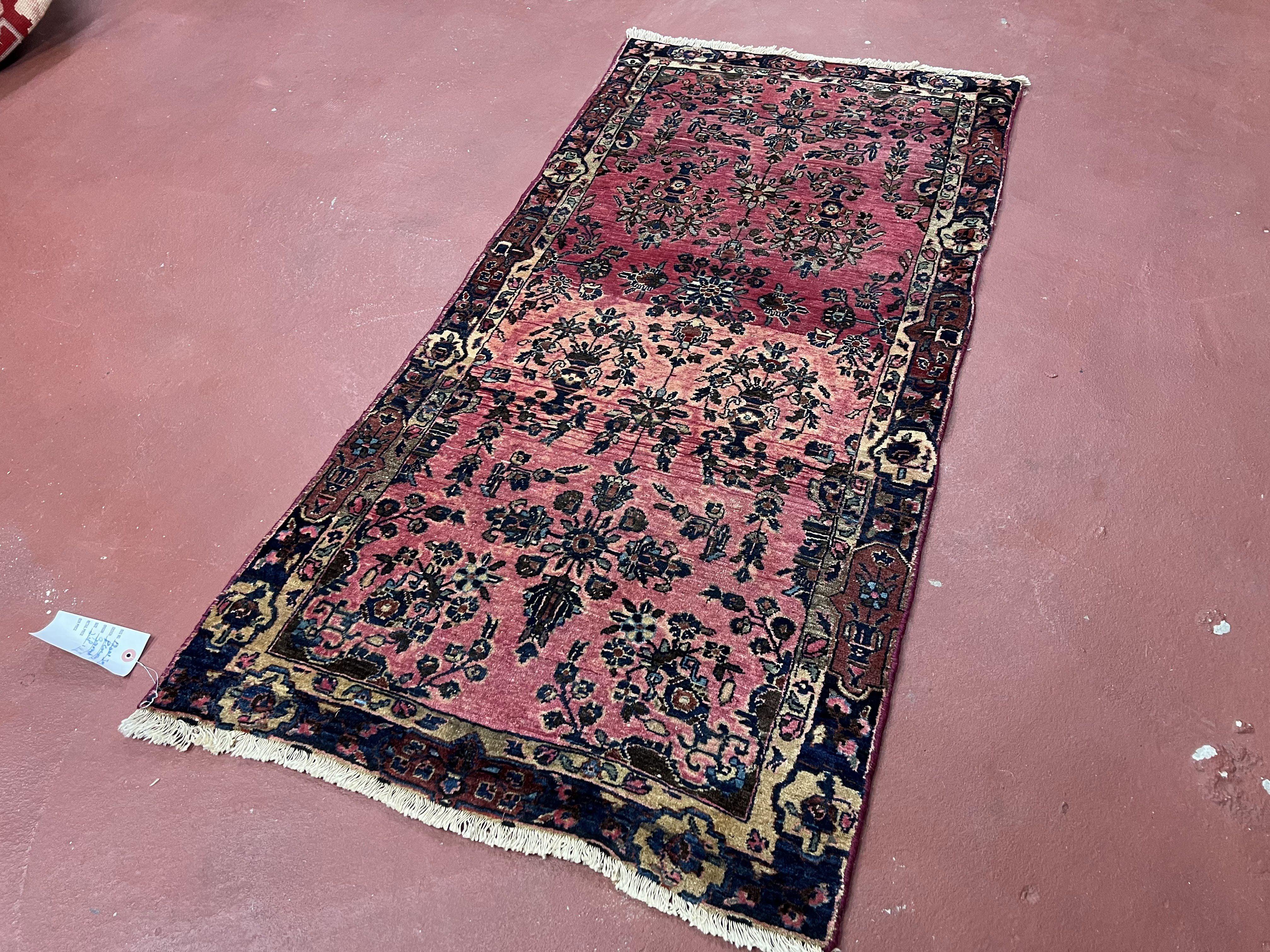 Antique Persian Sarouk Rug 2.4 x 4.9, Red and Dark Blue, Floral, Hand-Knotted, Small Carpet, Traditional, Authentic Oriental Rug 1920s Nice - Jewel Rugs