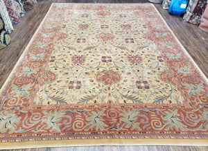 Room Sized Vintage Rug 7' 9" x 11', Traditional Rugs for Living and Dining Room, Tan and Coral Red Carpet, Couristan Rug, Large Floral Rug - Jewel Rugs