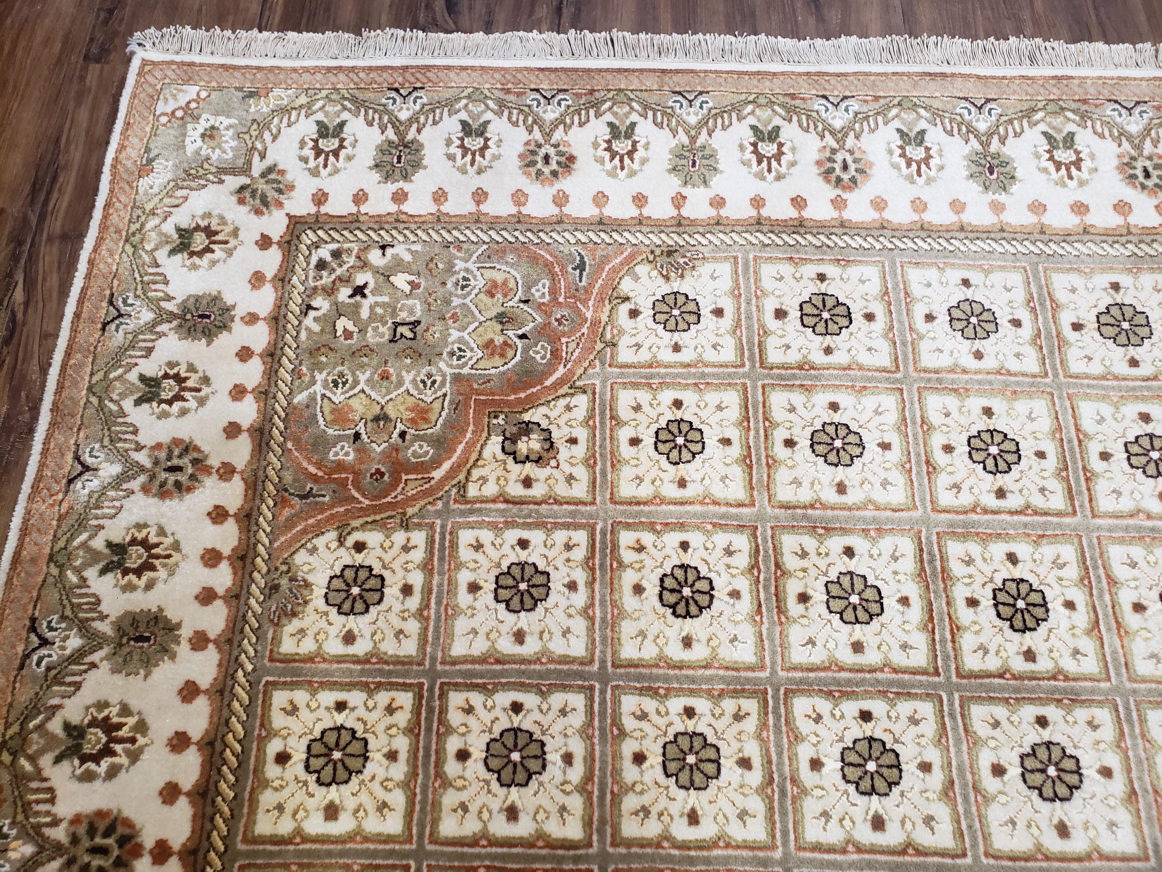 Indo Persian Rug, 8x10 Rug, Indian Rug, Panel Design, Ivory and Gold Tan, Vintage Rug, Handmade Area Rug, Wool Rug, Room Sized Rug, Soft - Jewel Rugs