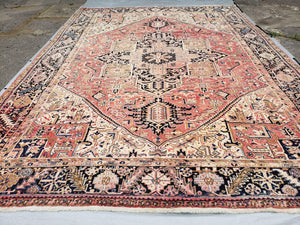 Large Antique Persian Heriz Serapi Rug, Hand-Knotted, Wool, Salmon Red, 9'7" x 13' 3" - Jewel Rugs