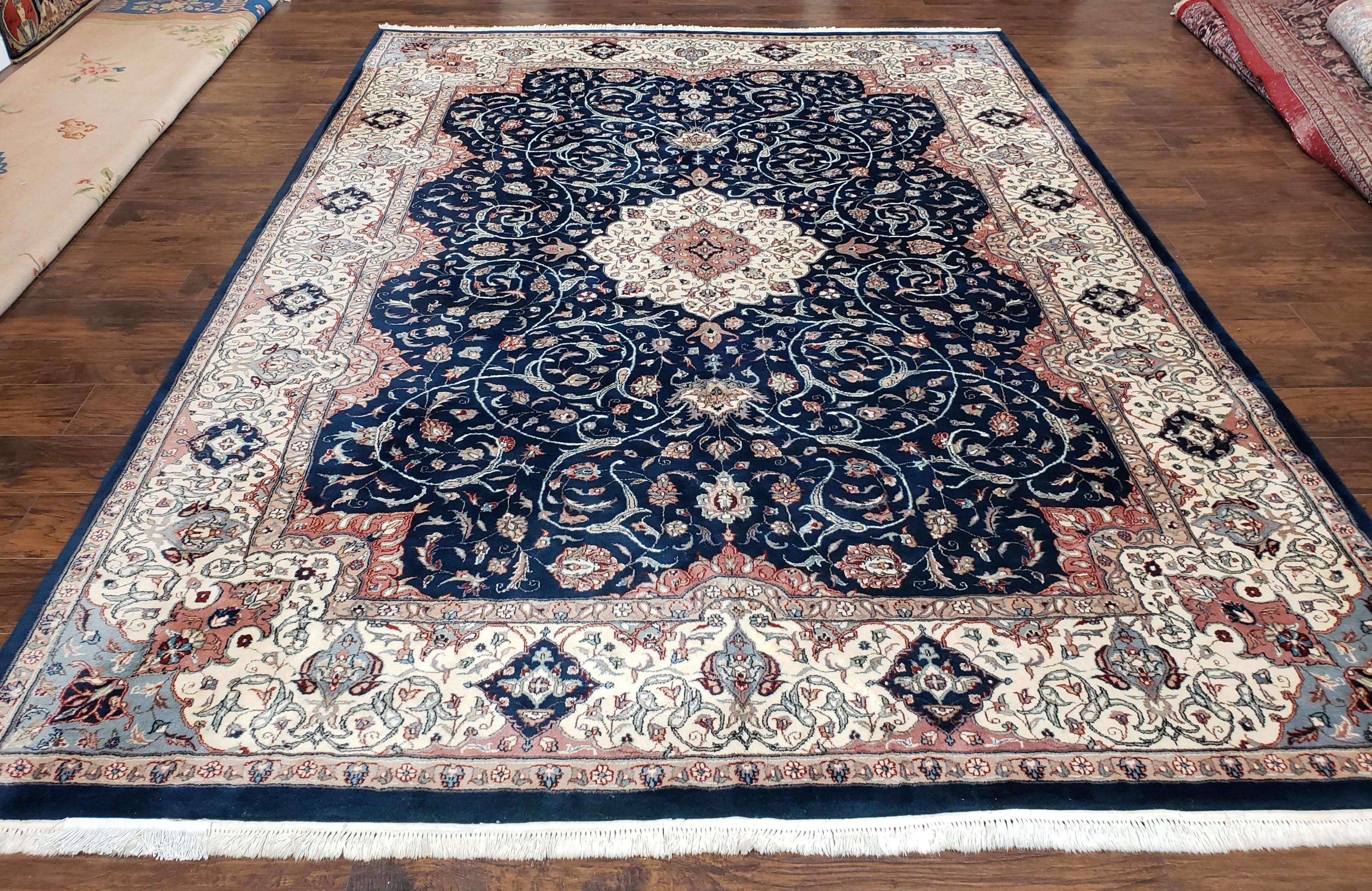 Pak Persian Rug 9x12, Navy Blue Cream/Ivory, Hand Knotted Oriental Carpet, Central Medallion Allover Curvilinear Design Vintage Pakistan Rug - Jewel Rugs