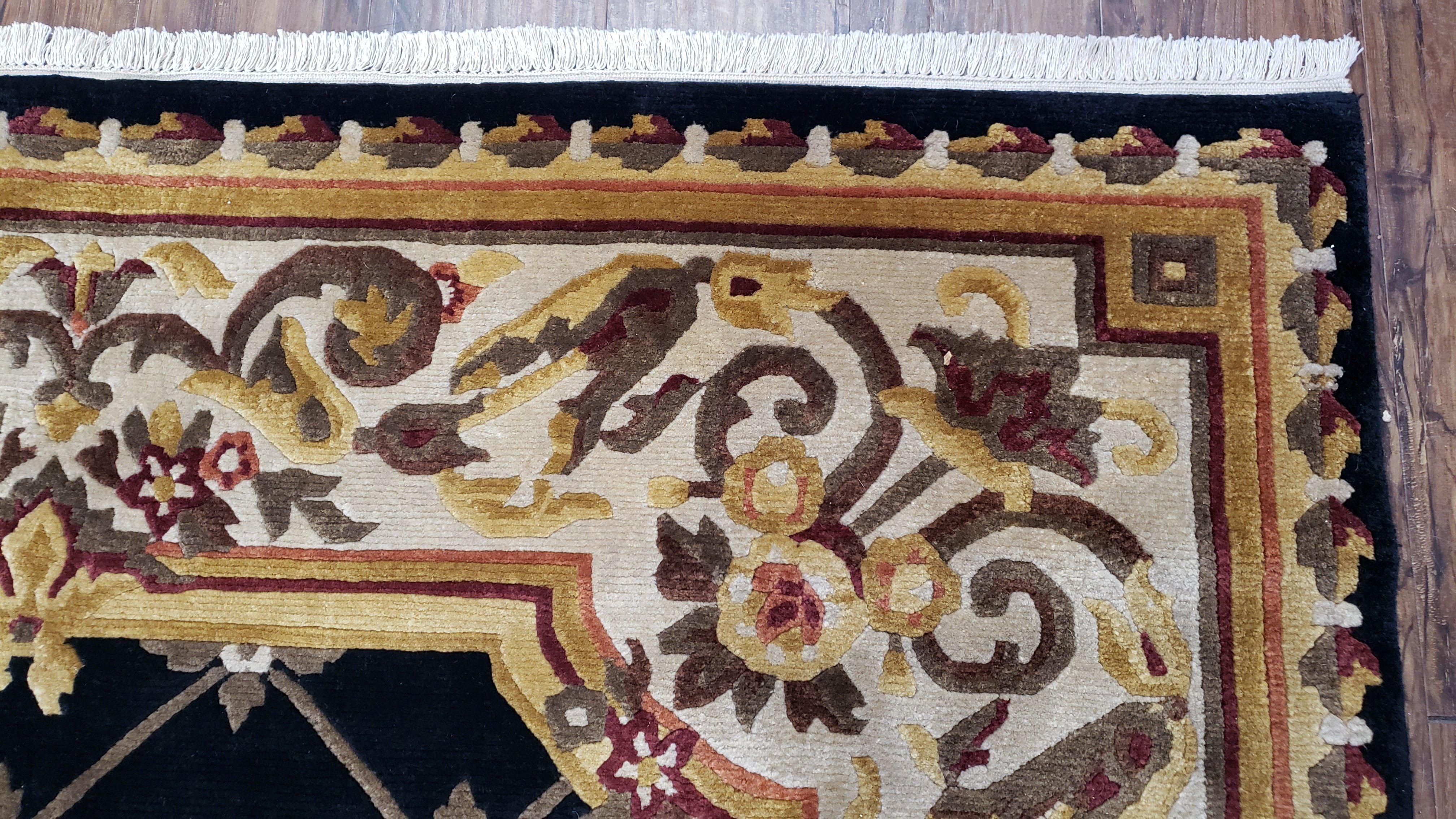 Nepal Rug 6x9, Nepalese Aubusson Area Rug 6 x 9, Hand-Knotted Wool Soft Pile Black & Beige Tibetan Aubusson New Carpet European Savonnerie - Jewel Rugs