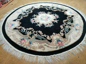 7' Vintage Round Handmade Chinese Peking Art Deco Wool Rug Flowers 90 Line - Jewel Rugs