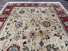 Indo Persian Mahal Rug 8x12, Wool Hand Knotted Oriental Carpet, Light Gold and Burgundy, Floral Allover, Vintage Room Sized Area Rug 8 x 12 - Jewel Rugs