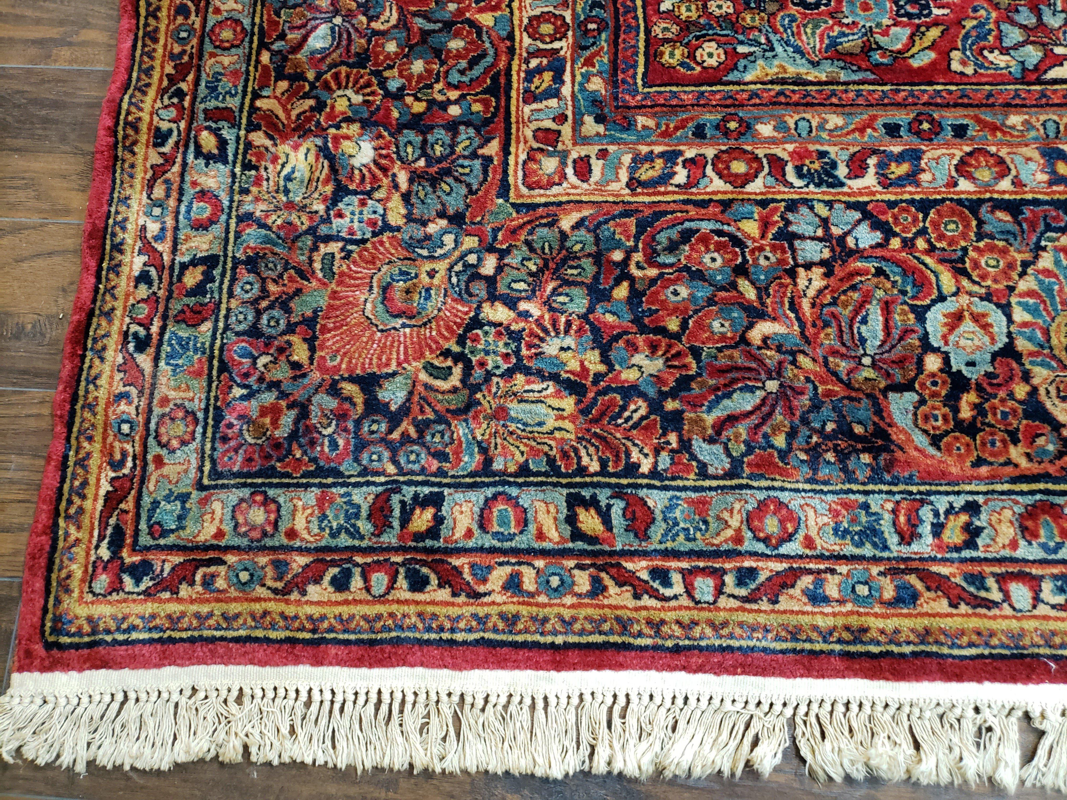 Stunning Semi Antique Palace Sized Persian Sarouk Rug, Hand-Knotted, Red and Dark Blue, Floral Allover, Wool, 14' x 17' 9" - Jewel Rugs